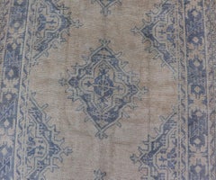 Turkish Oushak Gallery Rug in Muted Blue & Cream with Geometric Design 5' x 12'5