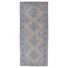 Turkish Oushak Gallery Rug in Muted Blue & Cream with Geometric Design 5' x 12'5