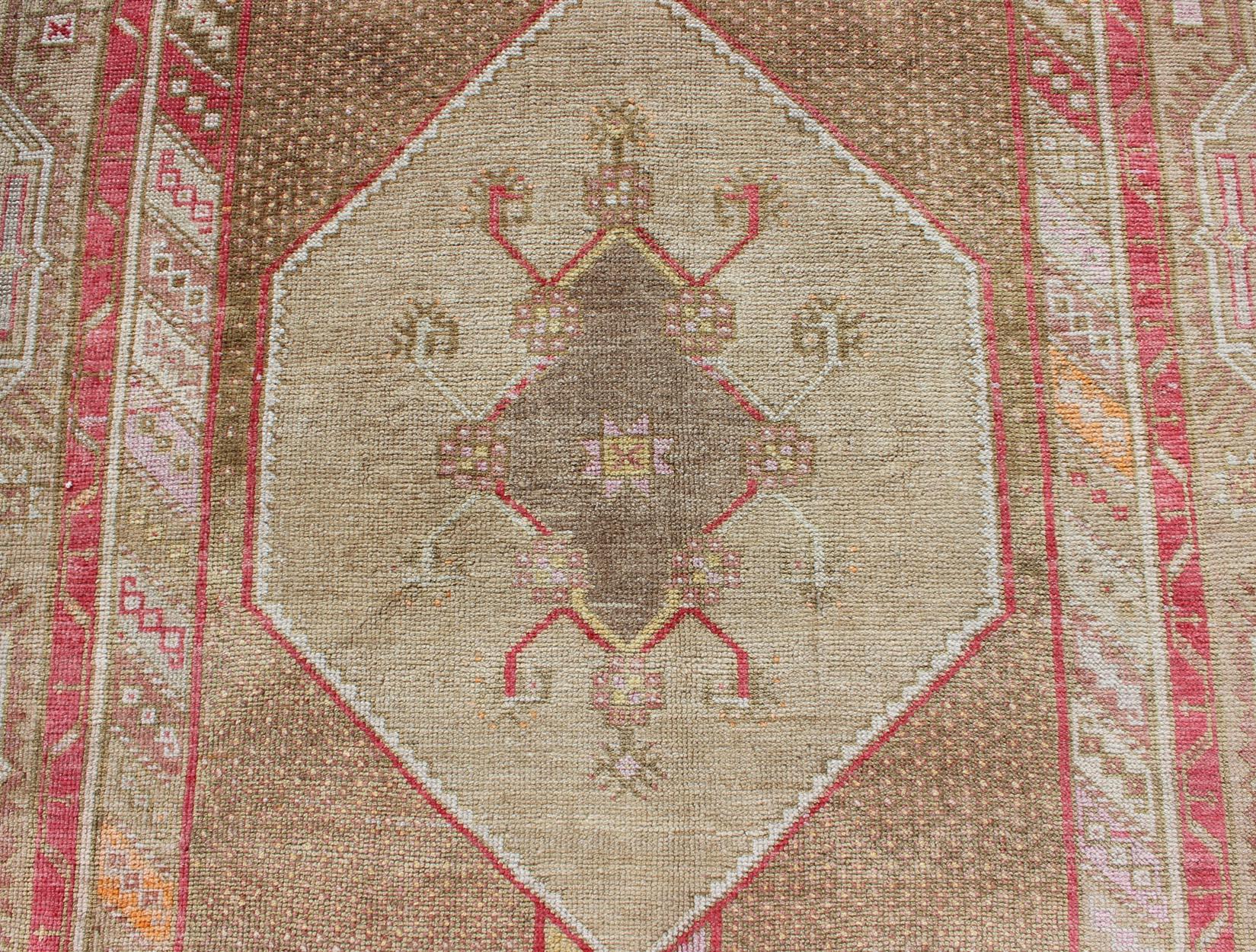 Turkish Oushak Gallery Rug with Multi-Medallion Design in Earth Tones and Red For Sale 2