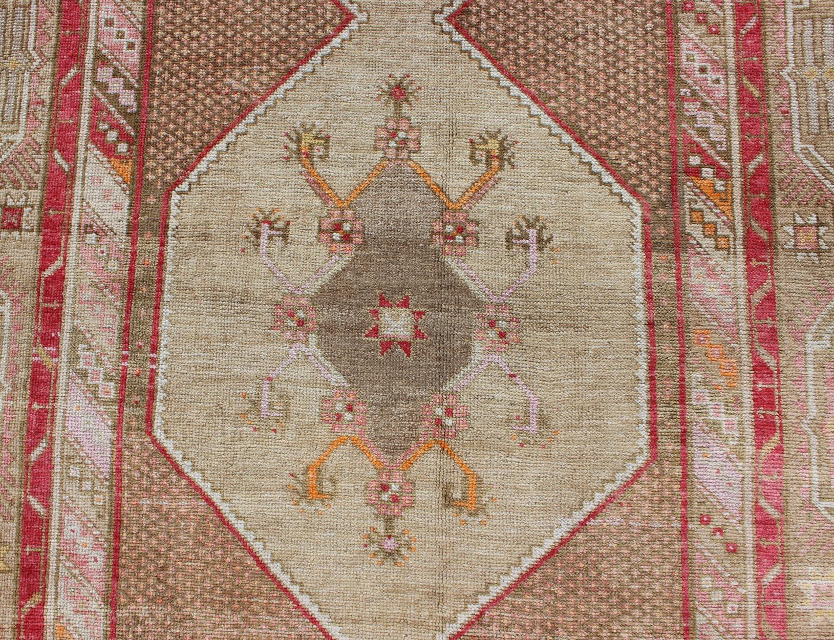 Turkish Oushak Gallery Rug with Multi-Medallion Design in Earth Tones and Red For Sale 3