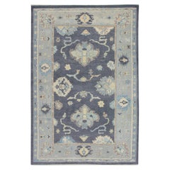 Turkish Oushak Handwoven Rug Wool Blue Colorful Floral Design 6'3" x 9'