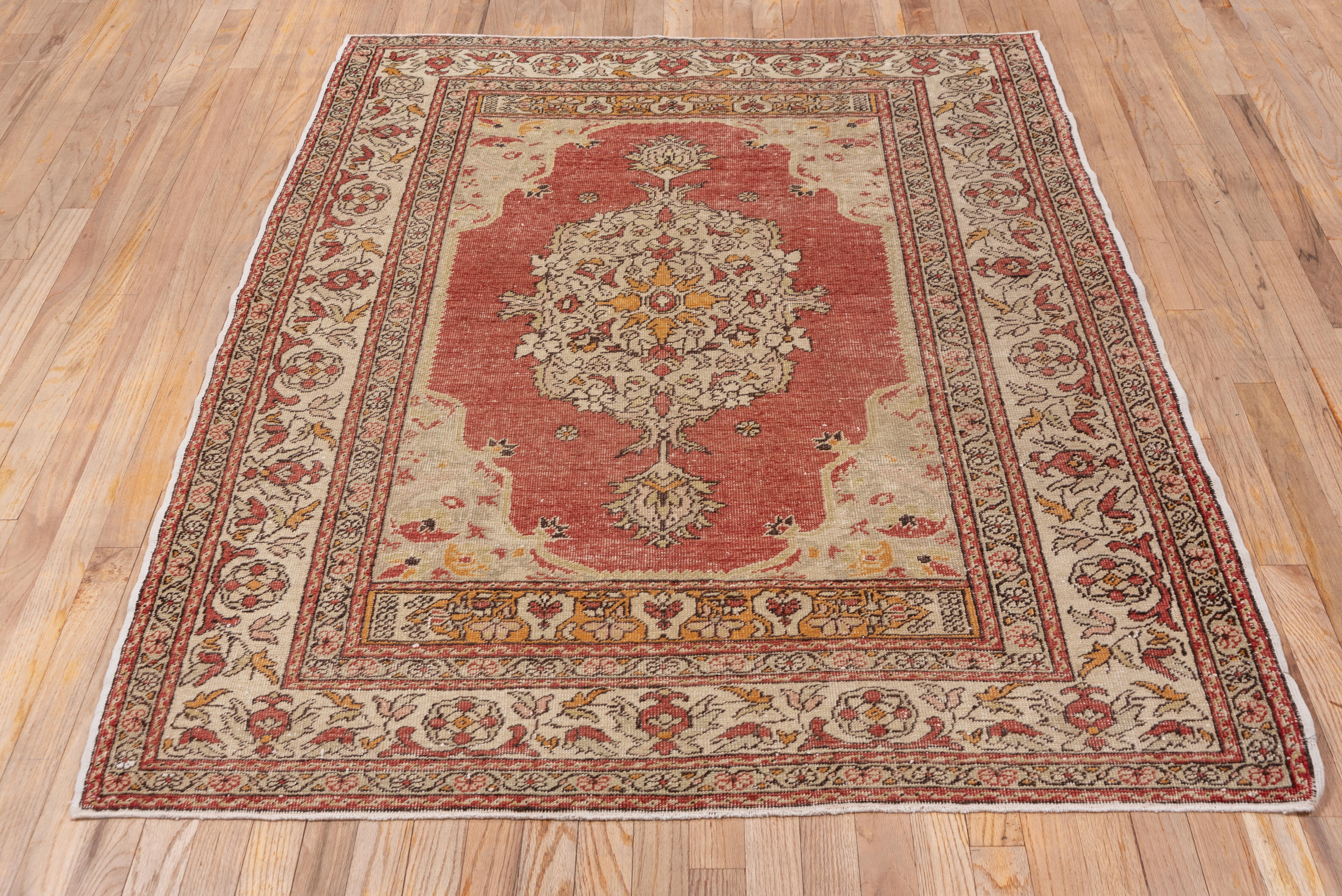 Turkish Oushak in Grey Ivory and Khaki with Tuna Red around Center Medallion For Sale 1