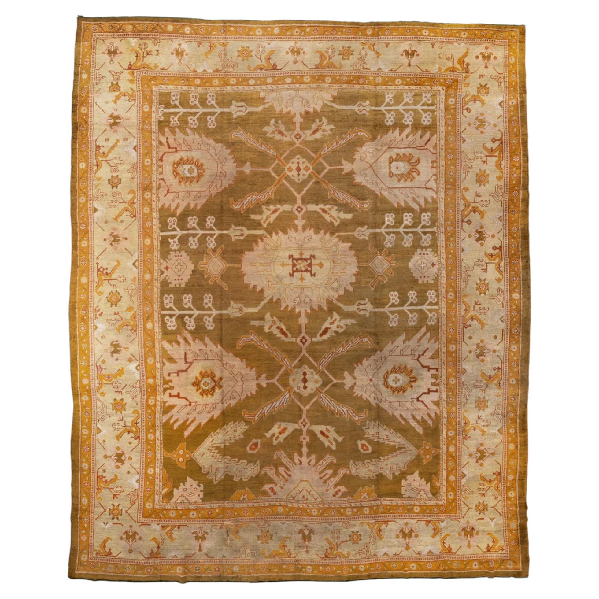 Turkish Oushak in Olive Green, Soft Pink, Marigold and Terra Cotta Tones c.1890