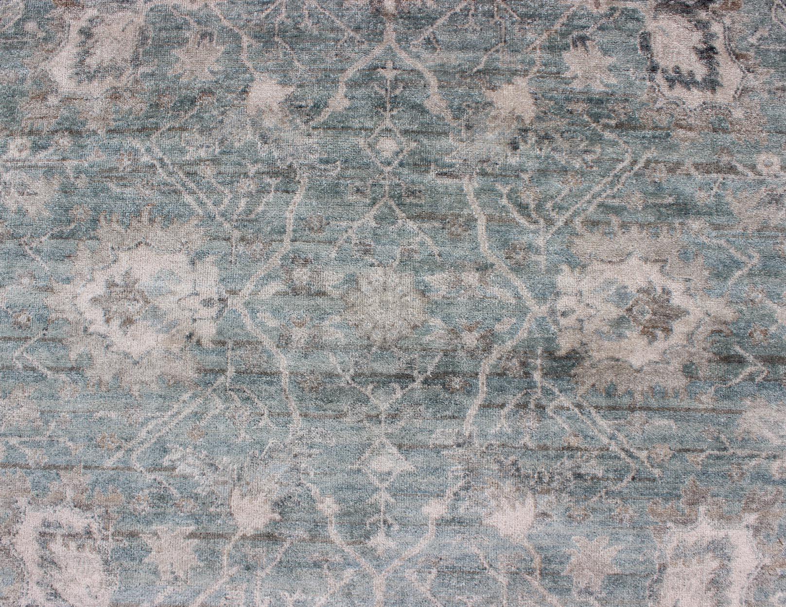 Indian Keivan Woven Arts Turkish Oushak in Seafoam Green, Ivory and Light Gray For Sale