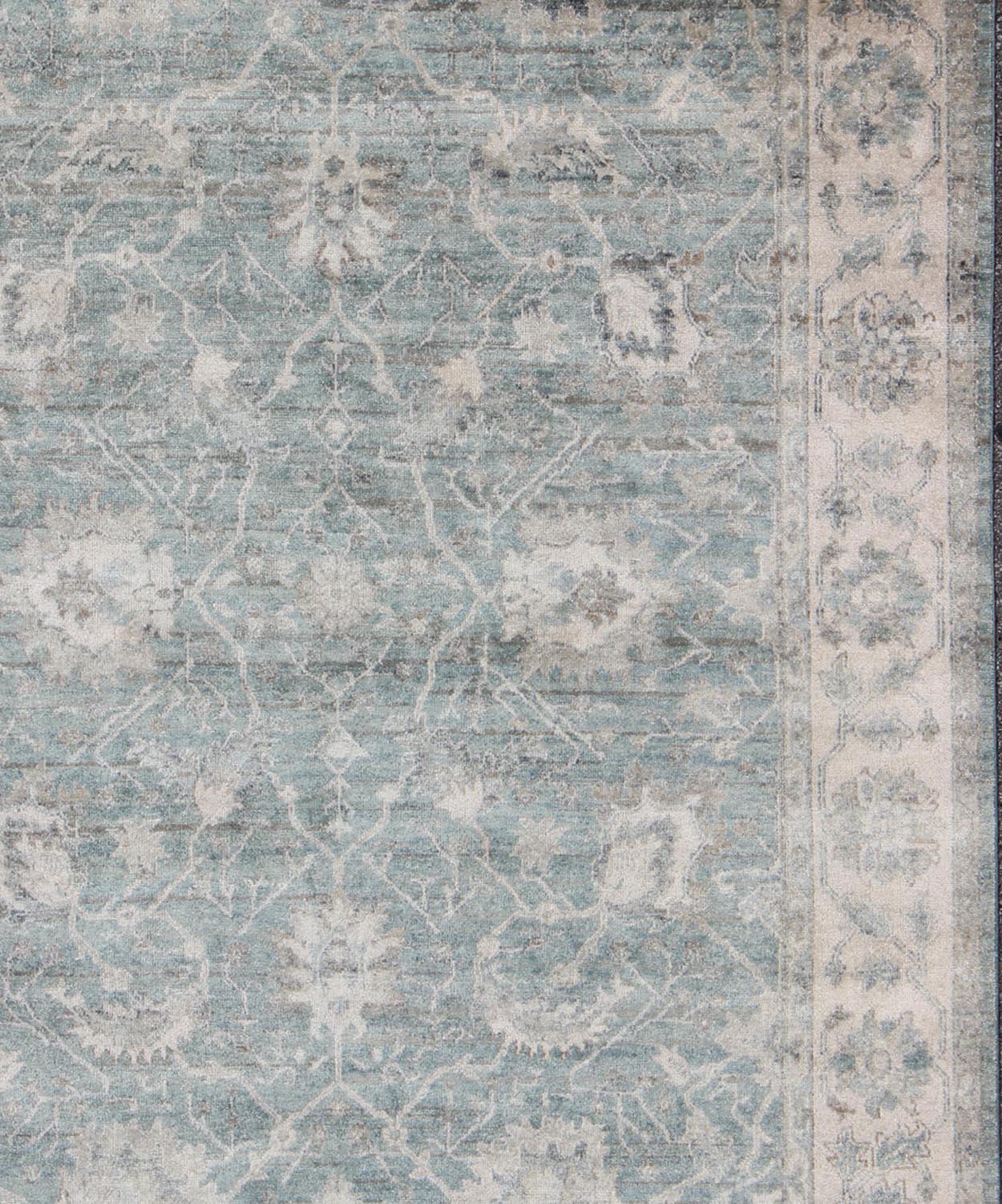 Wool Keivan Woven Arts Turkish Oushak in Seafoam Green, Ivory and Light Gray For Sale