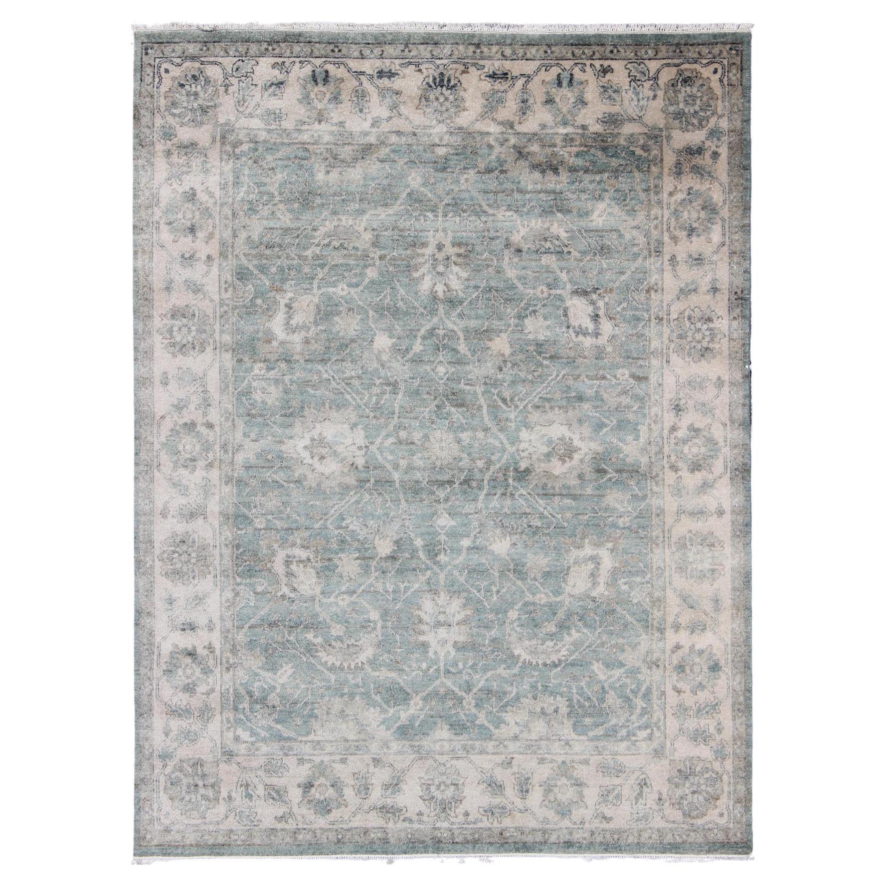 Keivan Woven Arts Turkish Oushak in Seafoam Green, Ivory and Light Gray For Sale