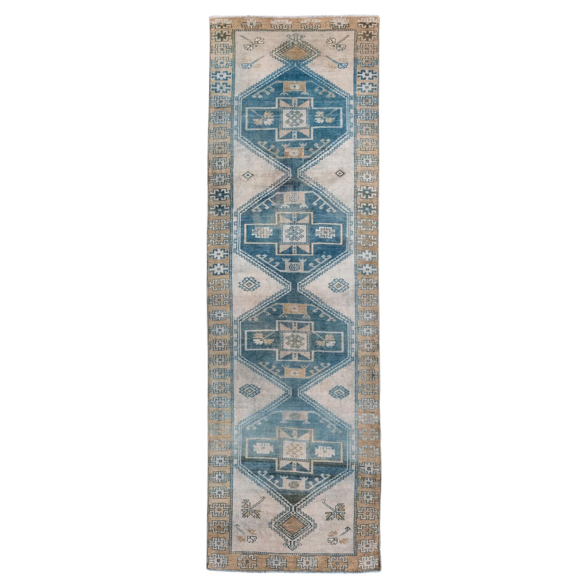 Turkish Oushak in Teal Shades with Beige Border For Sale