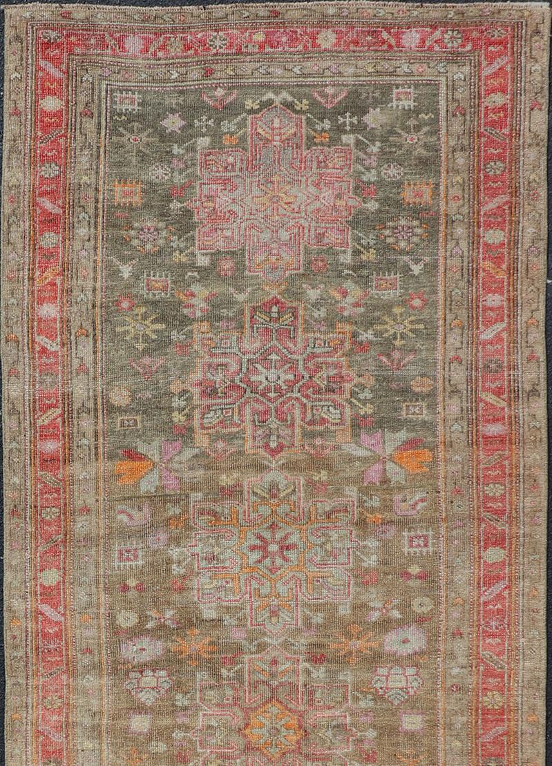 Hand-Knotted Turkish Oushak-Konya Runner with Tribal Medallion Designs and Geometric Motifs For Sale