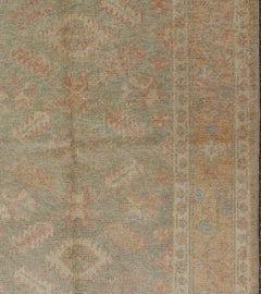 Turkish Oushak Reproduction Rug with Geometric Motifs in Green