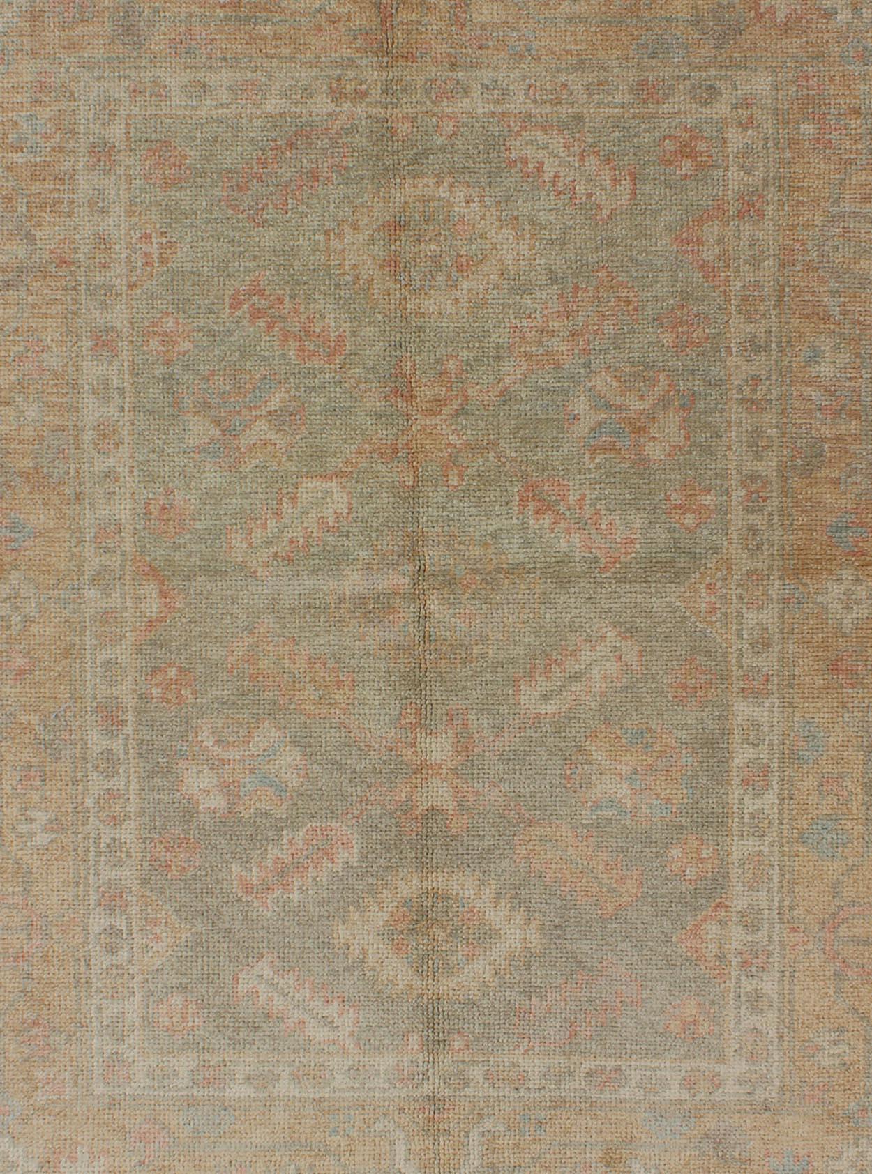 Hand-Knotted Turkish Oushak Reproduction Rug with Geometric Motifs in Green  For Sale