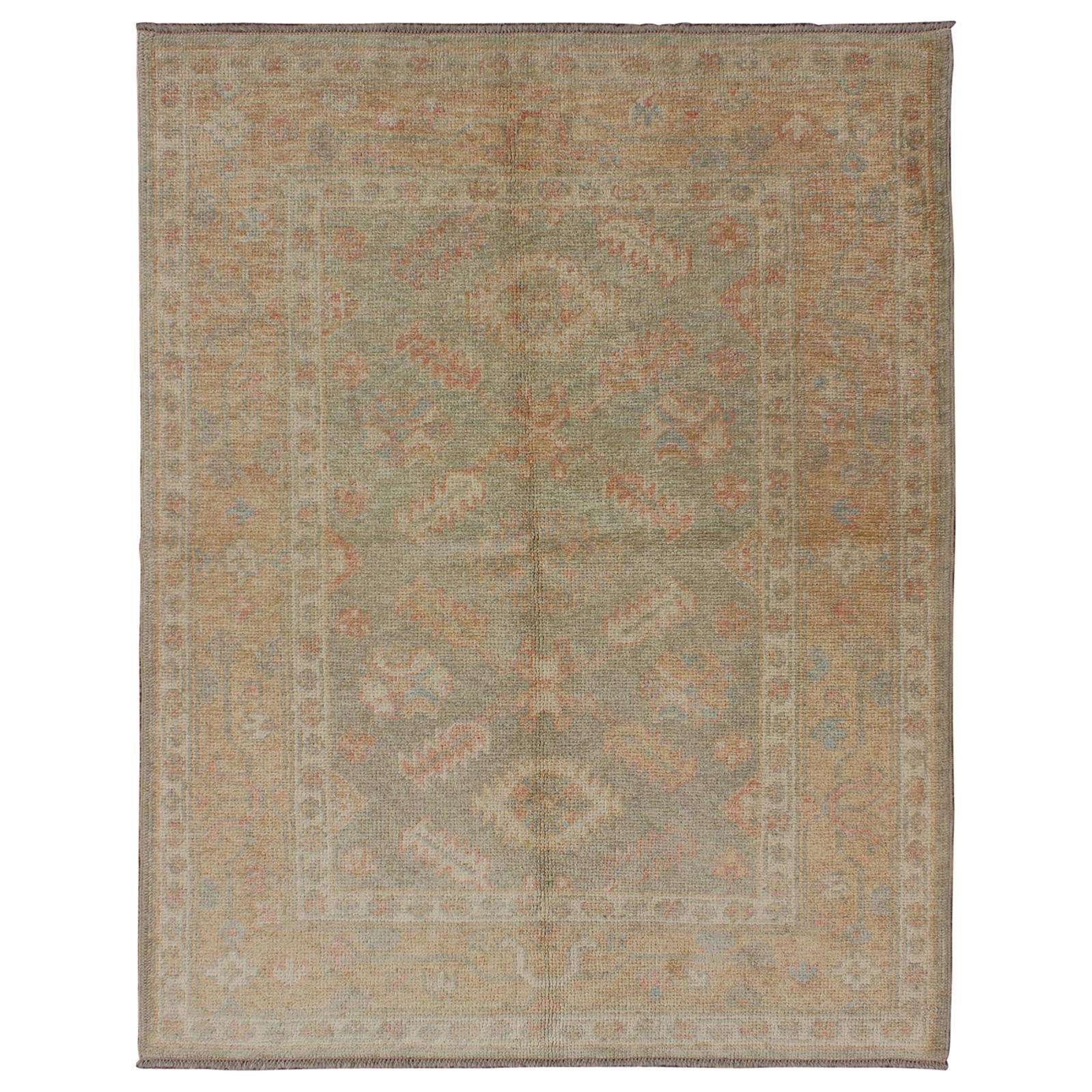 Turkish Oushak Reproduction Rug with Geometric Motifs in Green  For Sale