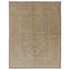 Turkish Oushak Reproduction Rug with Geometric Motifs in Green 