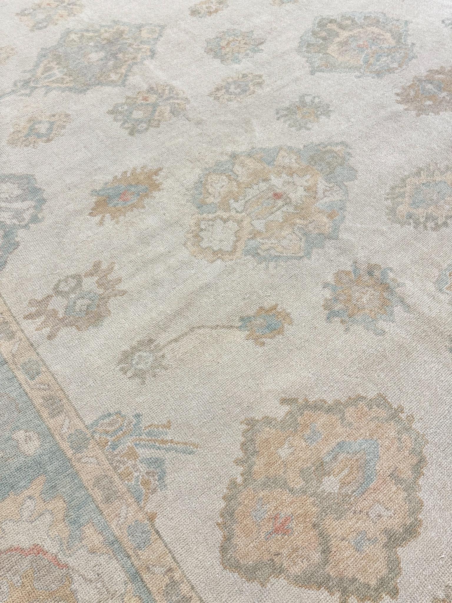 Hand-Knotted Turkish Oushak Revival Rug For Sale
