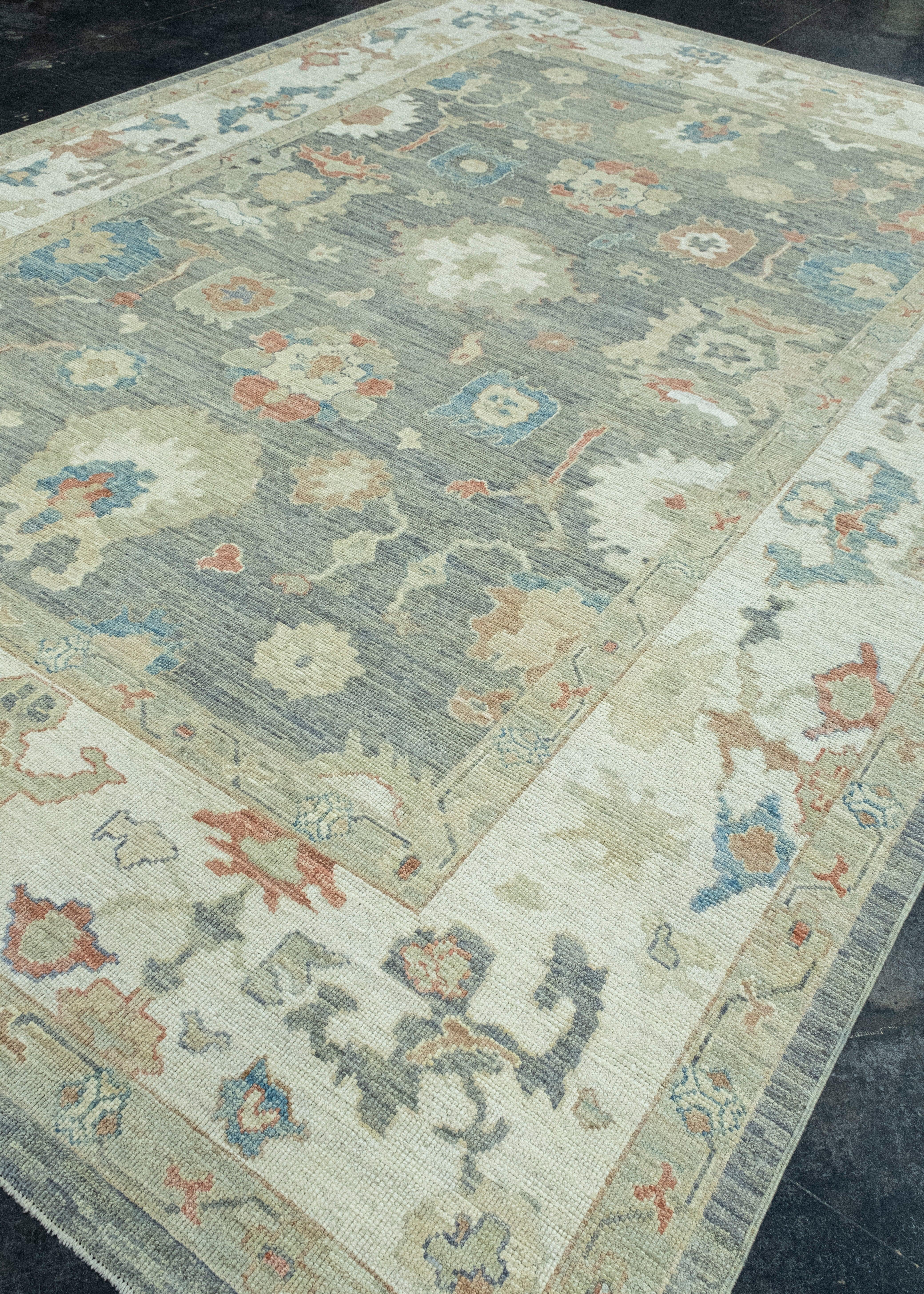 Hand-Knotted Turkish Oushak Rug 10'1