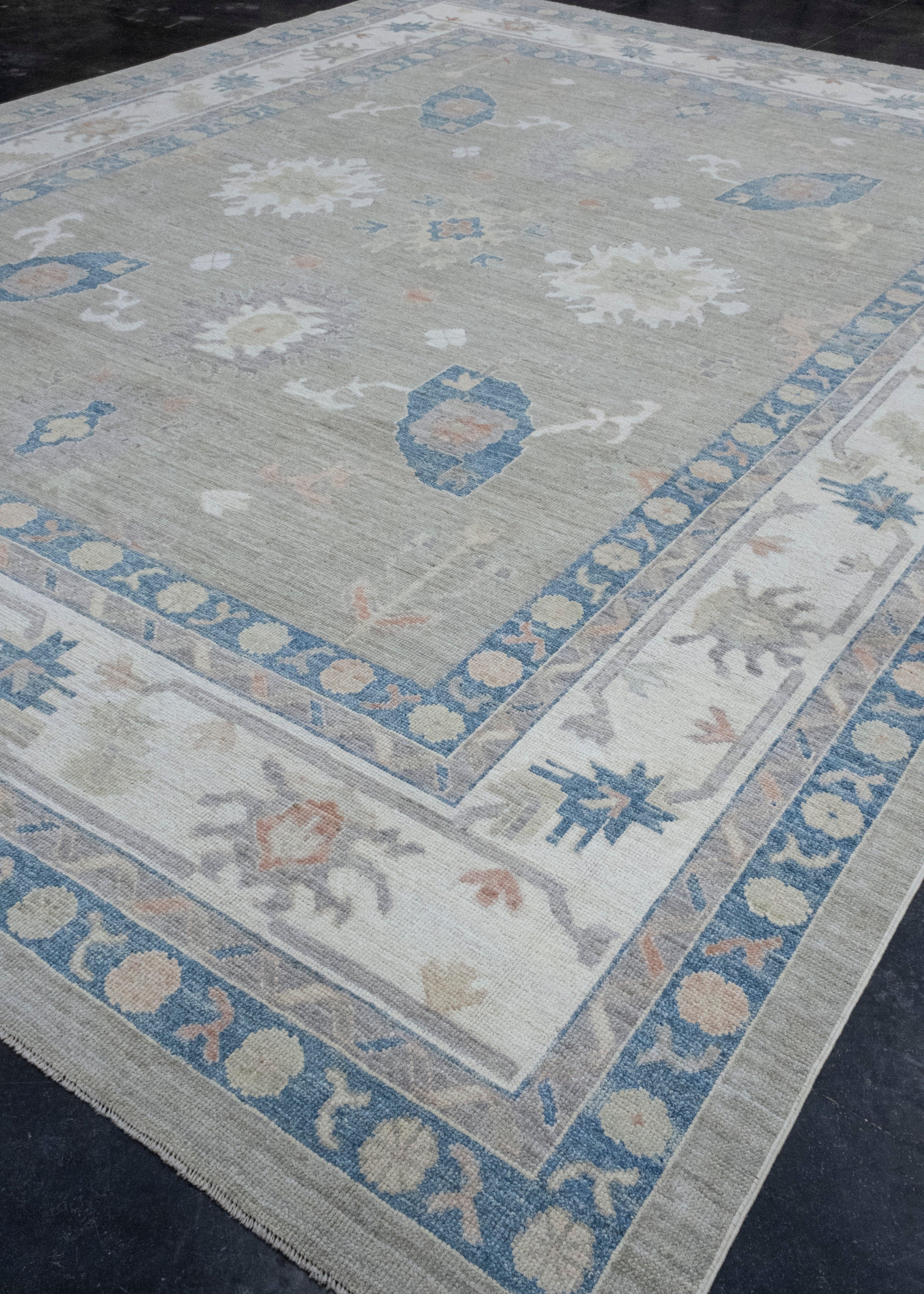 Hand-Knotted Turkish Oushak Rug 12' x 15'3