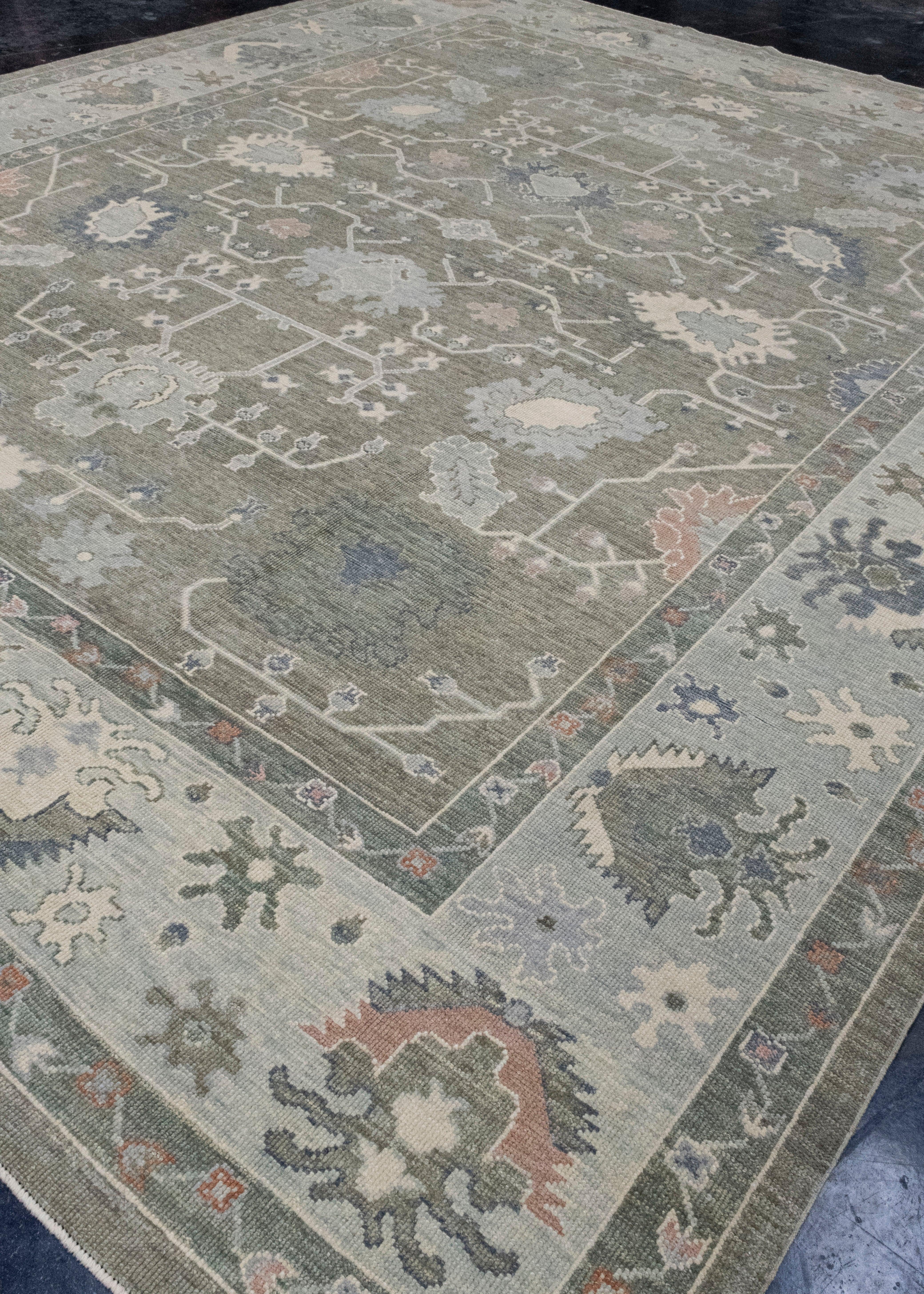 Hand-Knotted Turkish Oushak Rug 12'1