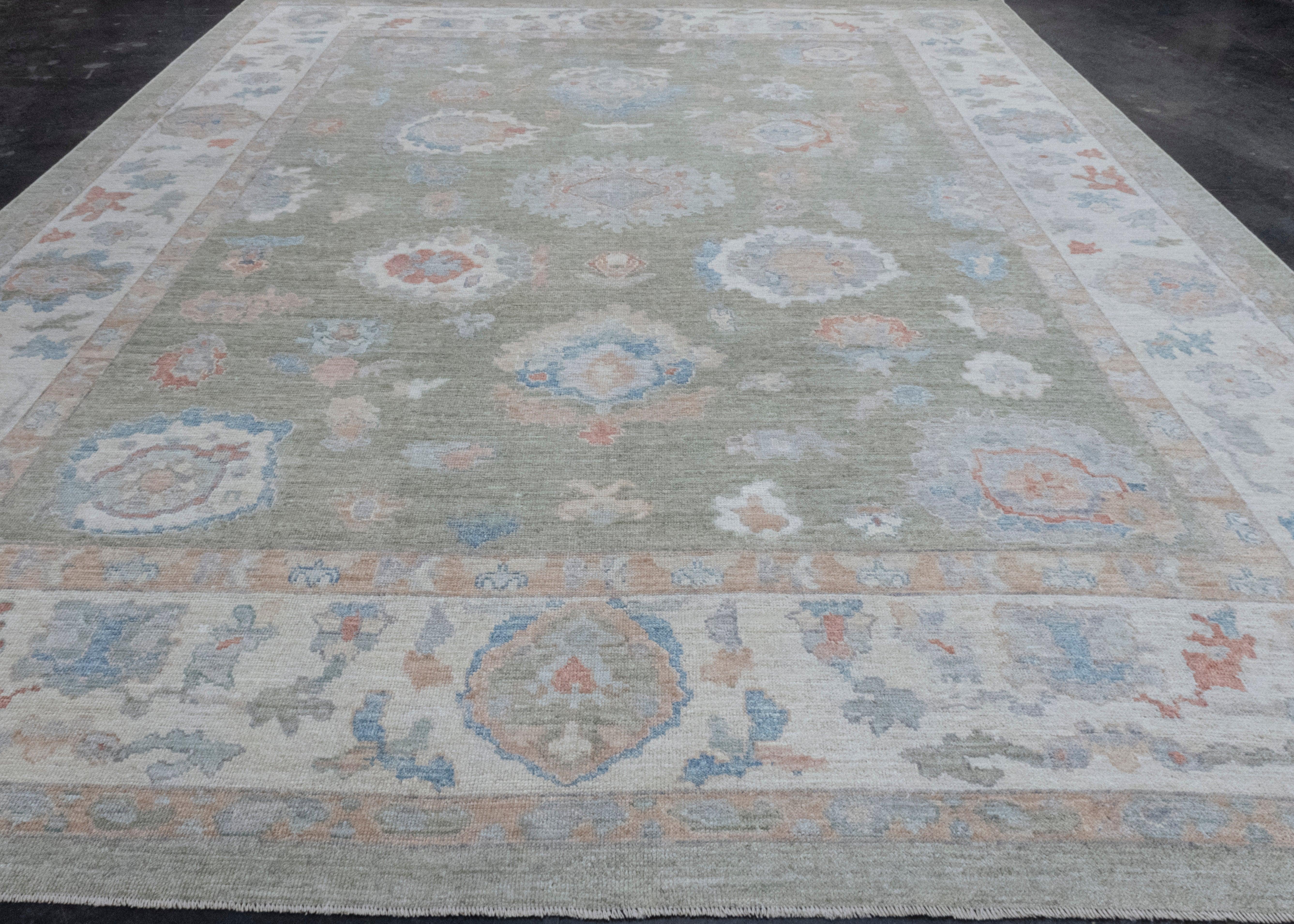 Hand-Knotted Turkish Oushak Rug 12'1