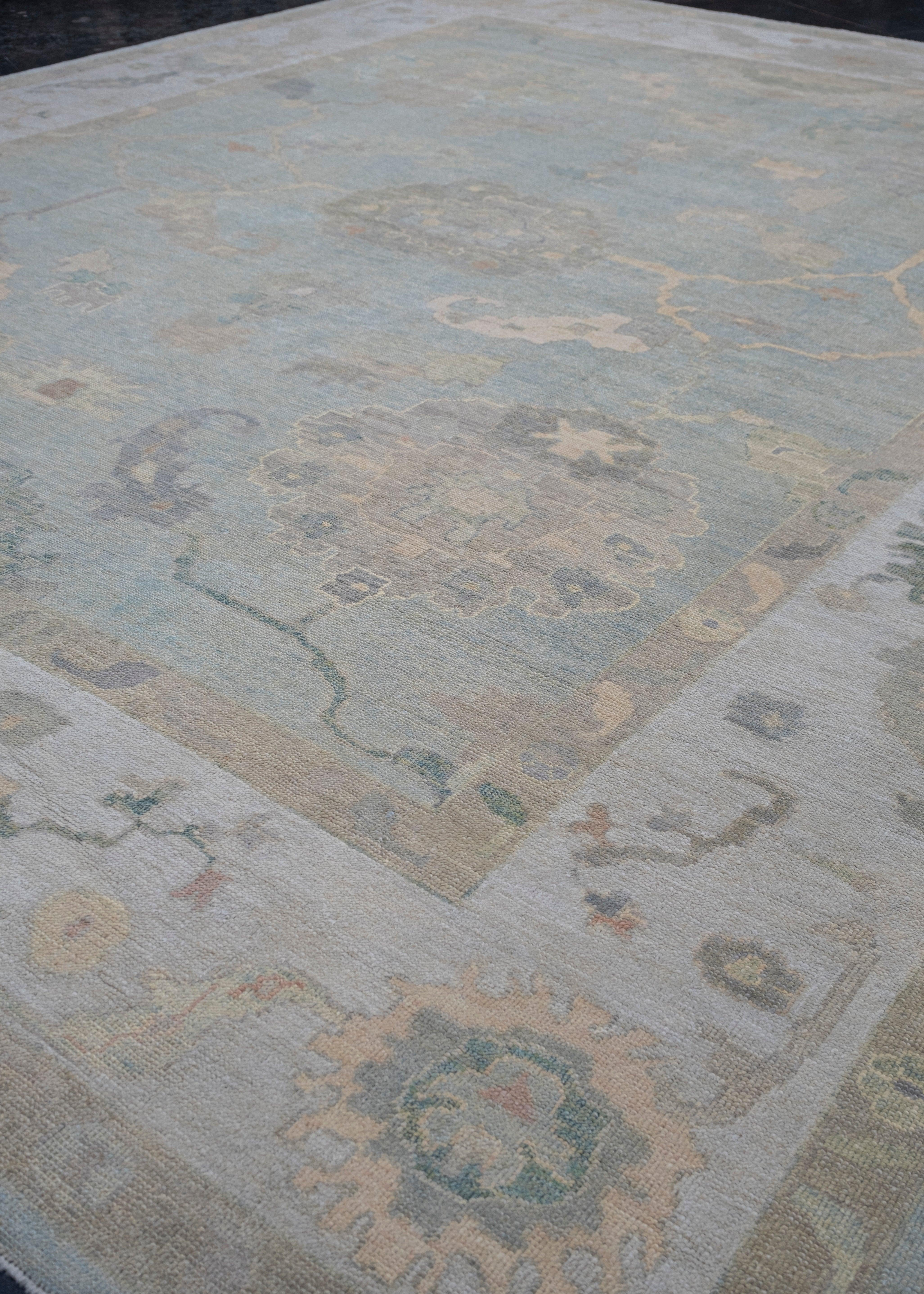 Hand-Knotted Turkish Oushak Rug 12'4
