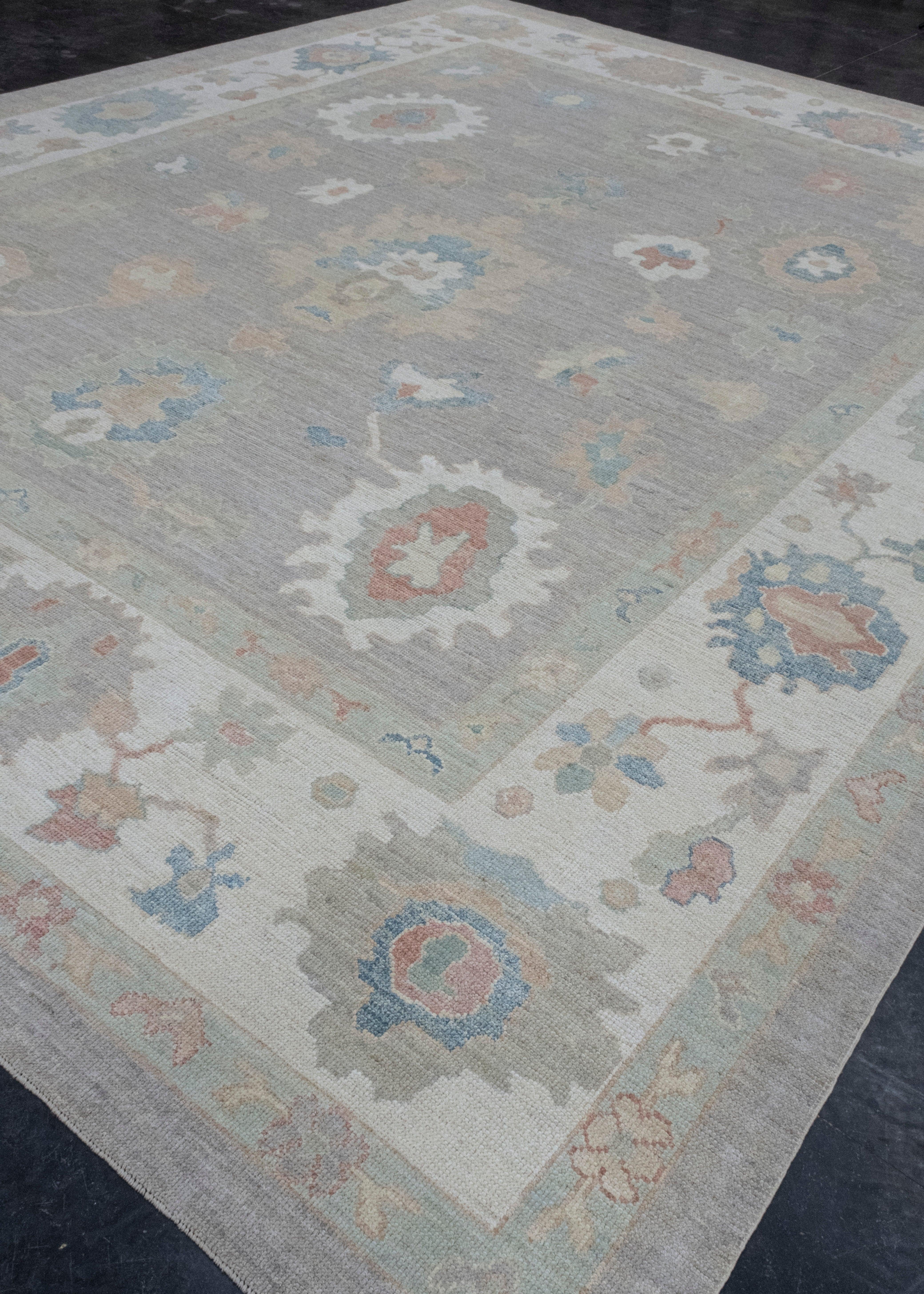 Hand-Knotted Turkish Oushak Rug 12'4