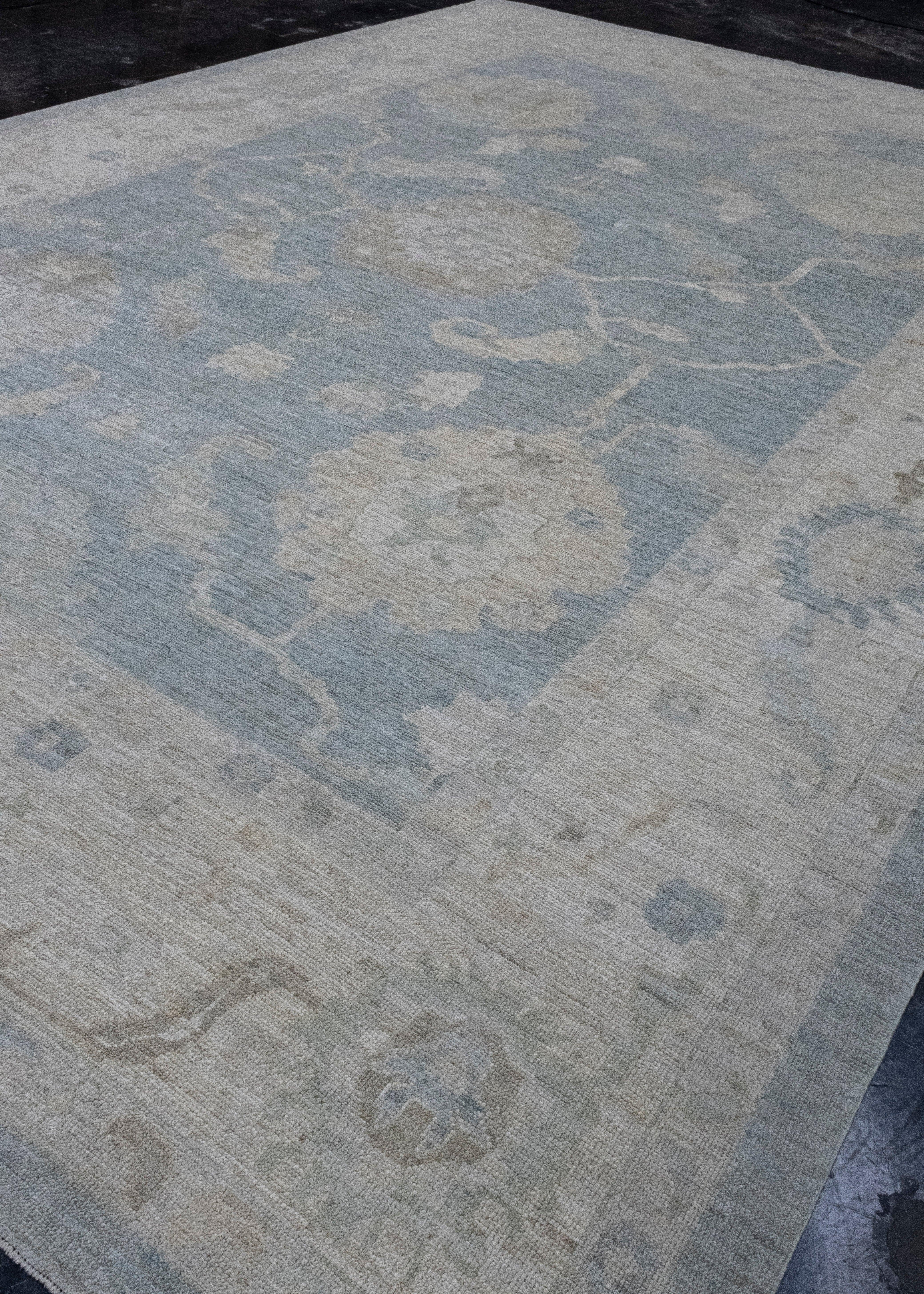 Hand-Knotted Turkish Oushak Rug 12'4