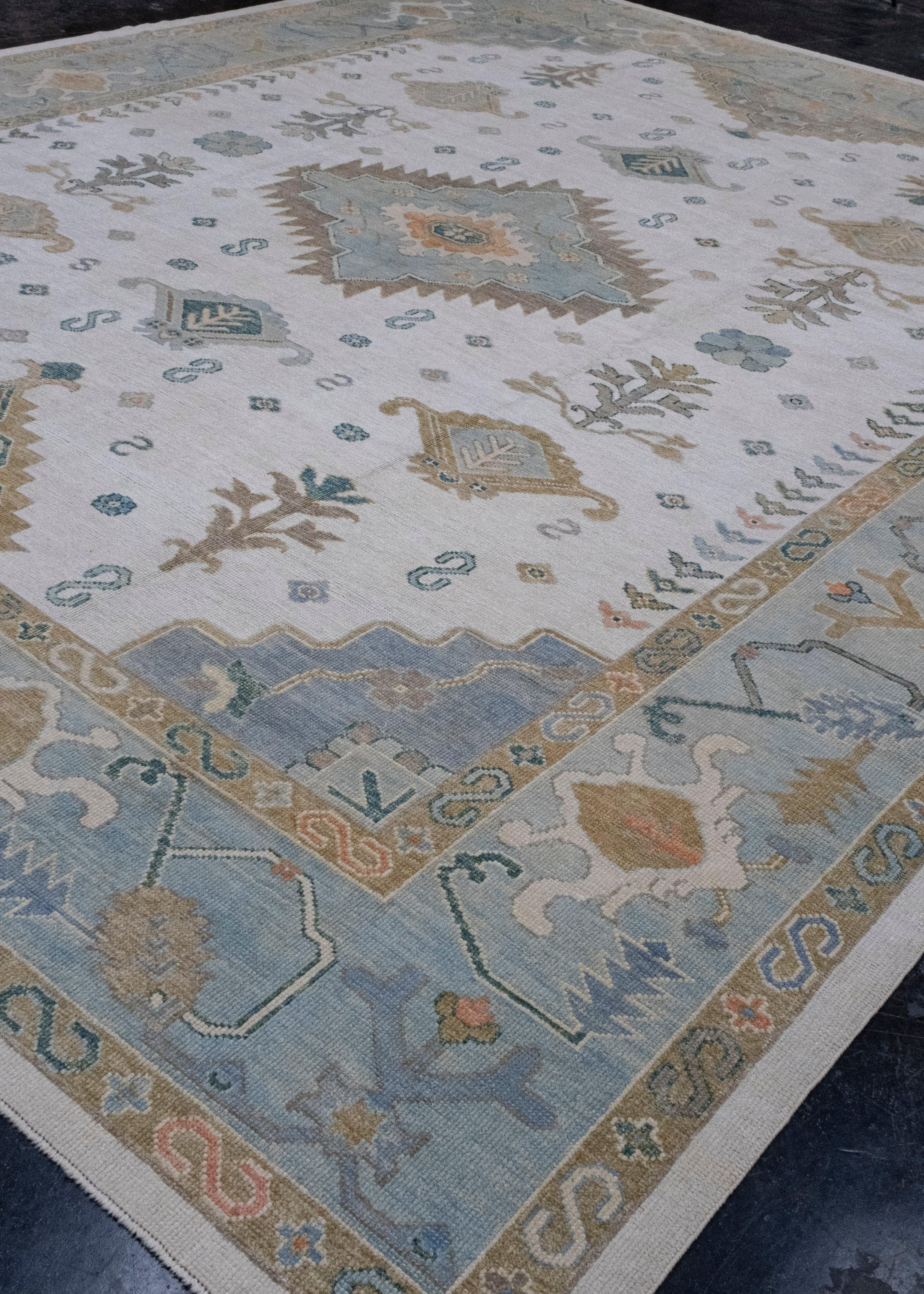Hand-Knotted Turkish Oushak Rug 12'7