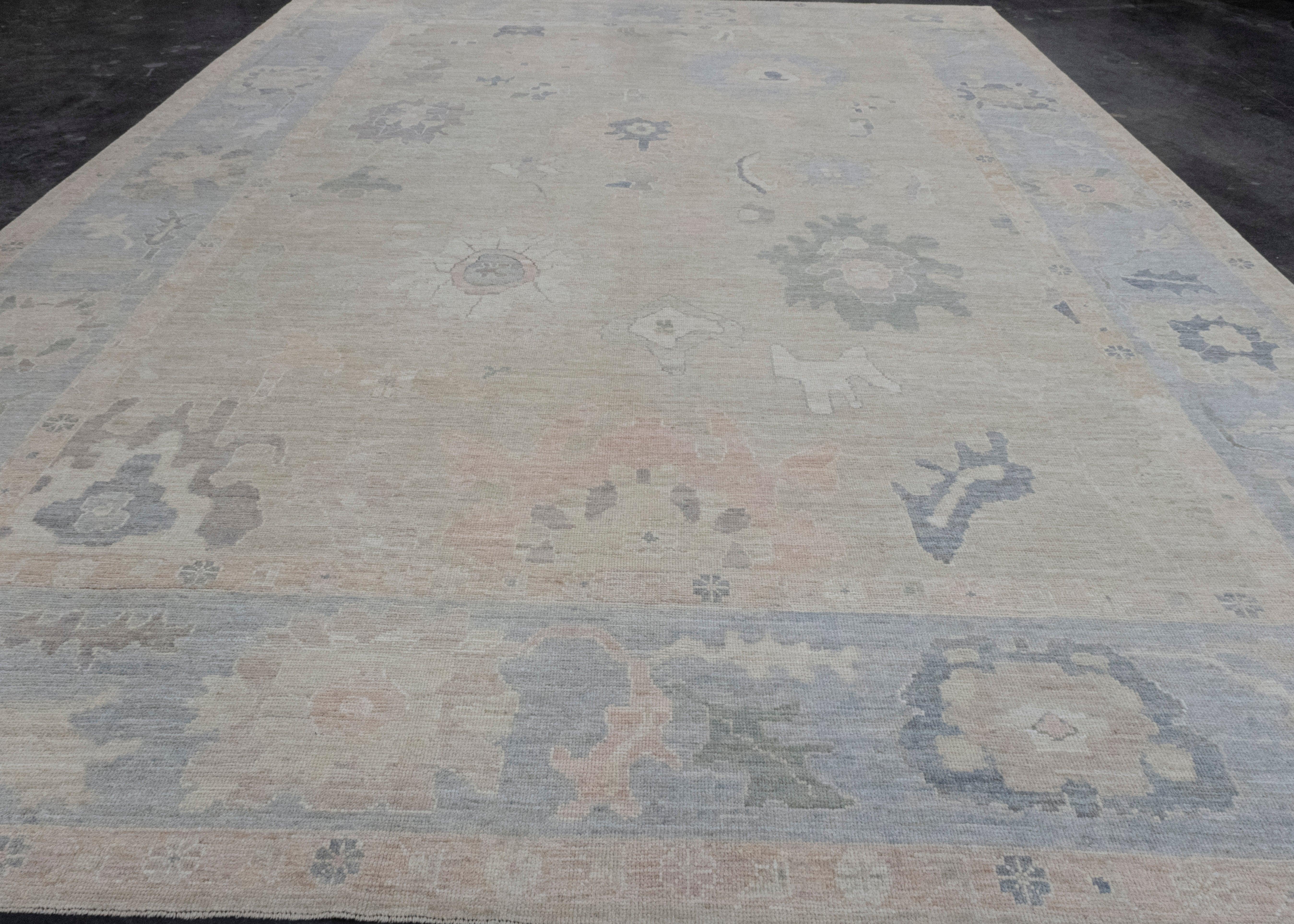 Hand-Knotted Turkish Oushak Rug 12'7