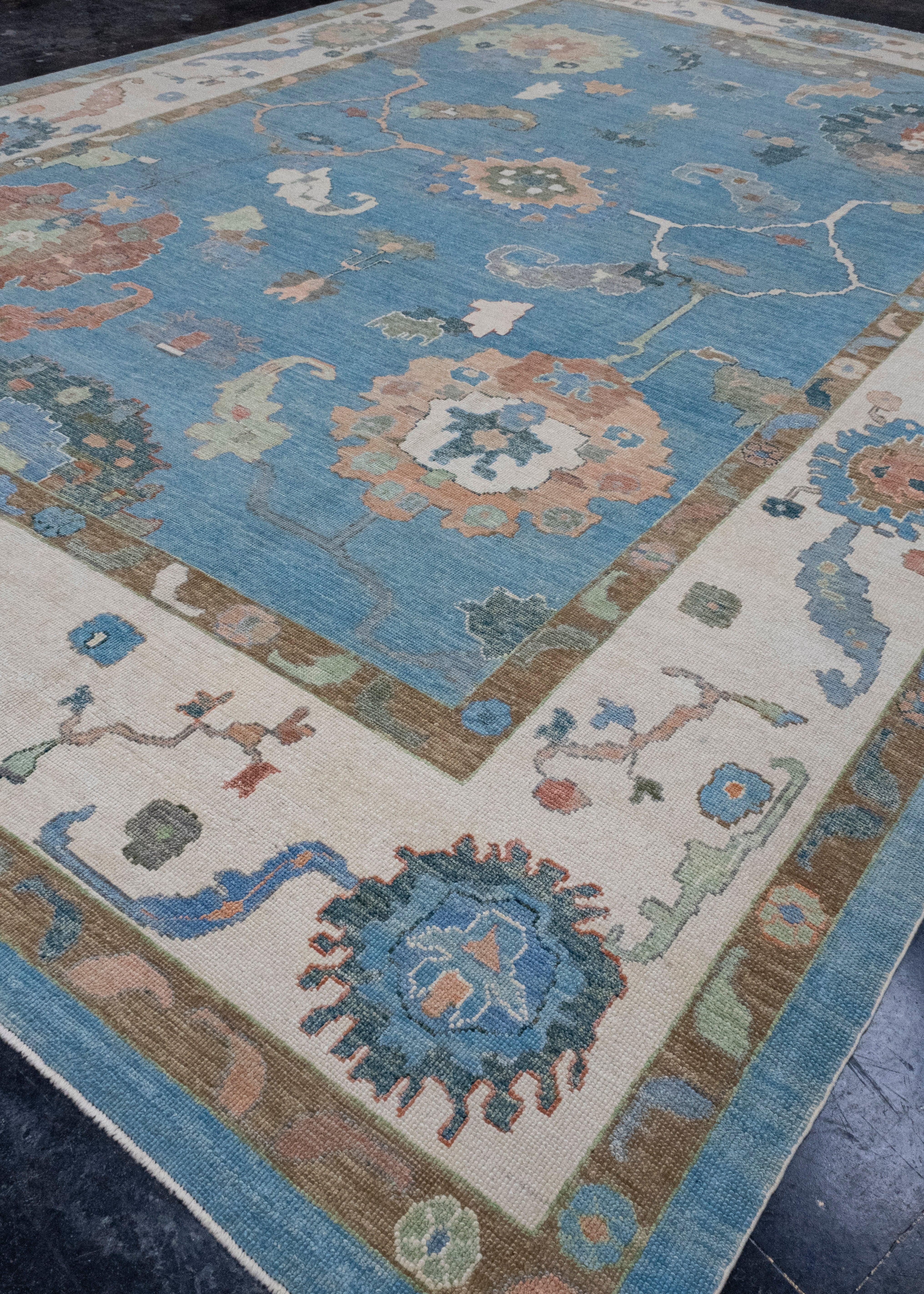Hand-Knotted Turkish Oushak Rug 12'8
