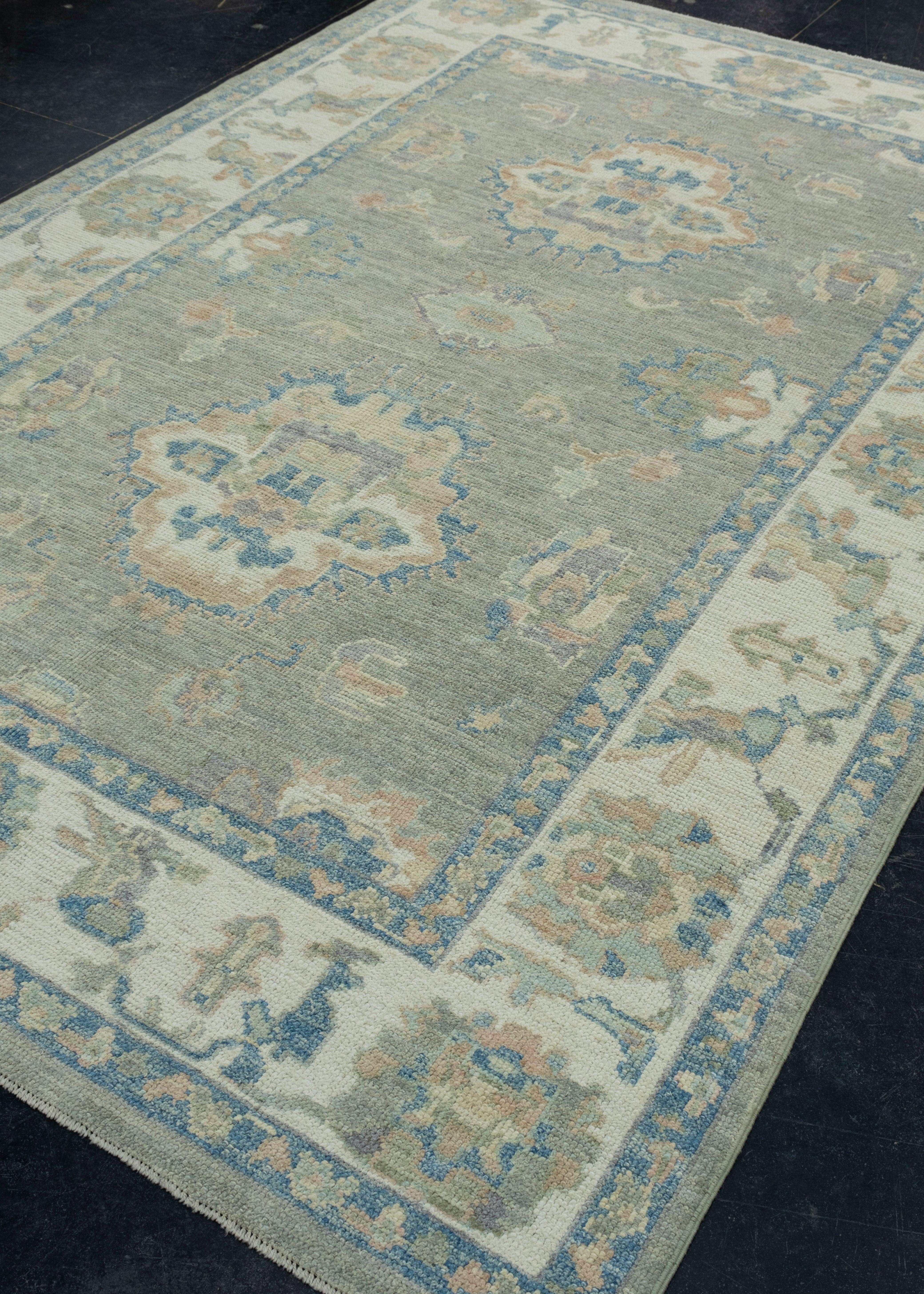 Hand-Knotted Turkish Oushak Rug 6'2
