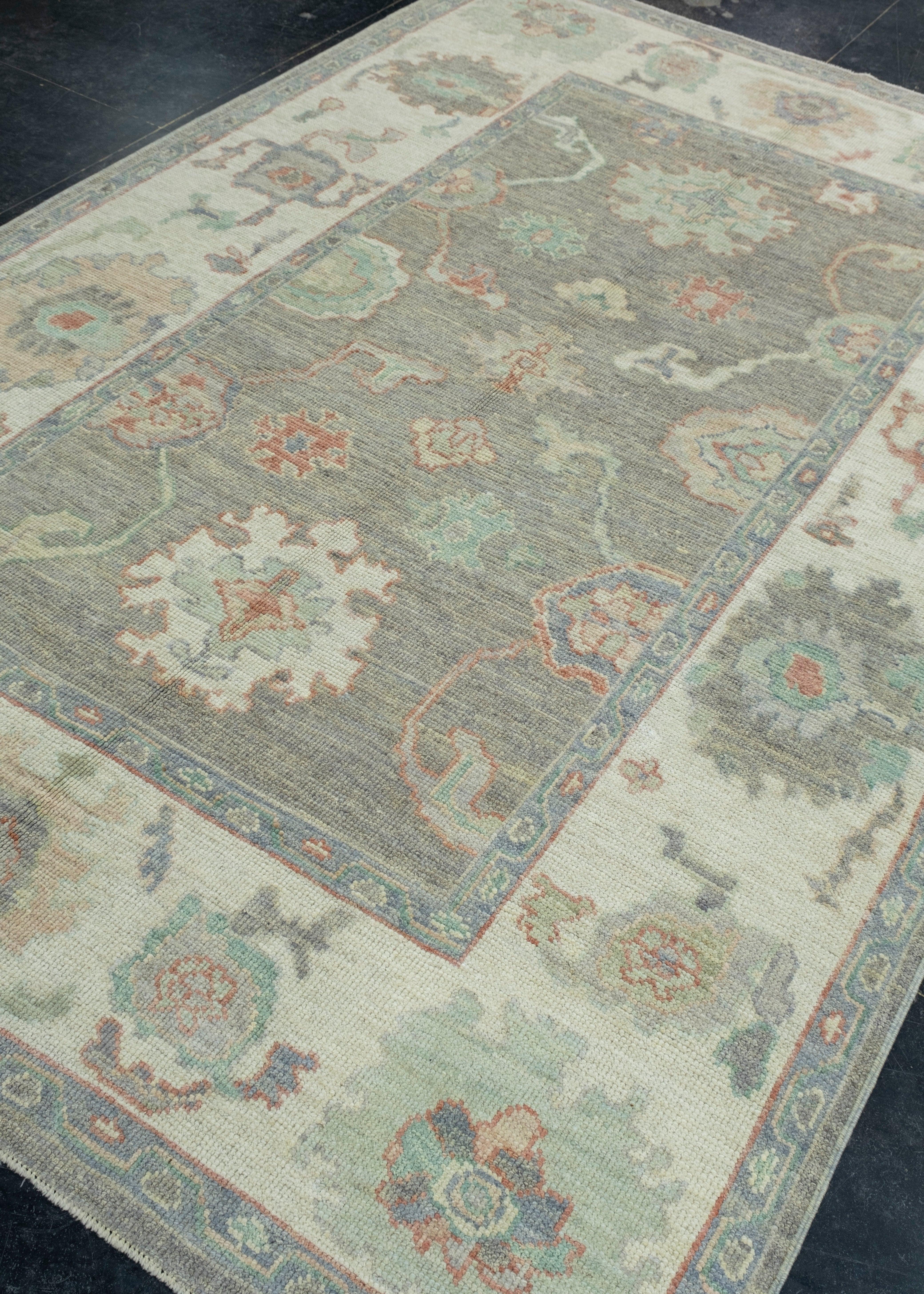 Hand-Knotted Turkish Oushak Rug 6'2