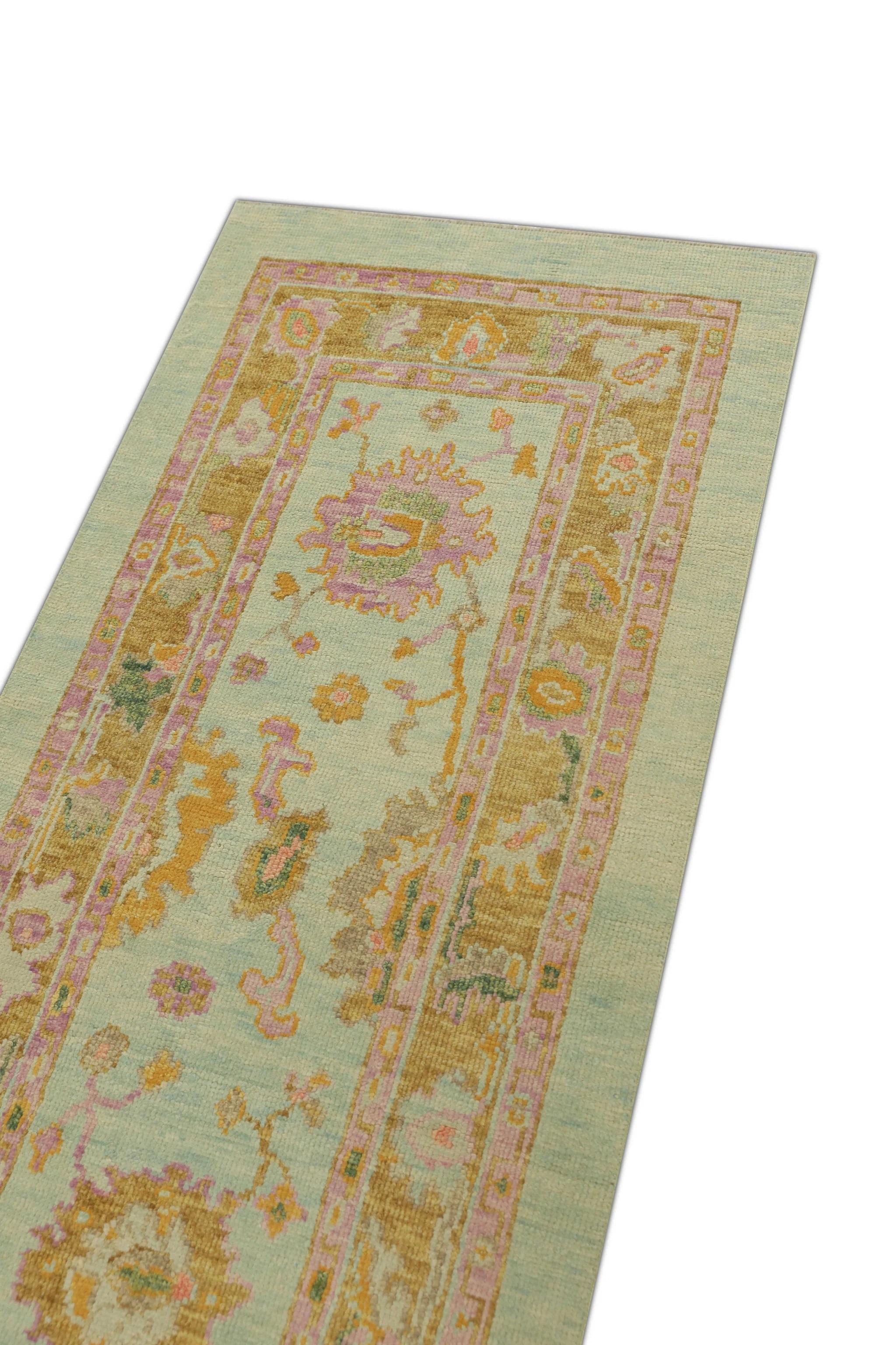 Türkischer Oushak Teppich Aqua und Goldgelb Handgewebter Wollteppich 3'11