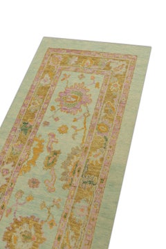 Turkish Oushak Rug Aqua and Golden Yellow Handwoven Wool Rug 3'11" x 10'3"