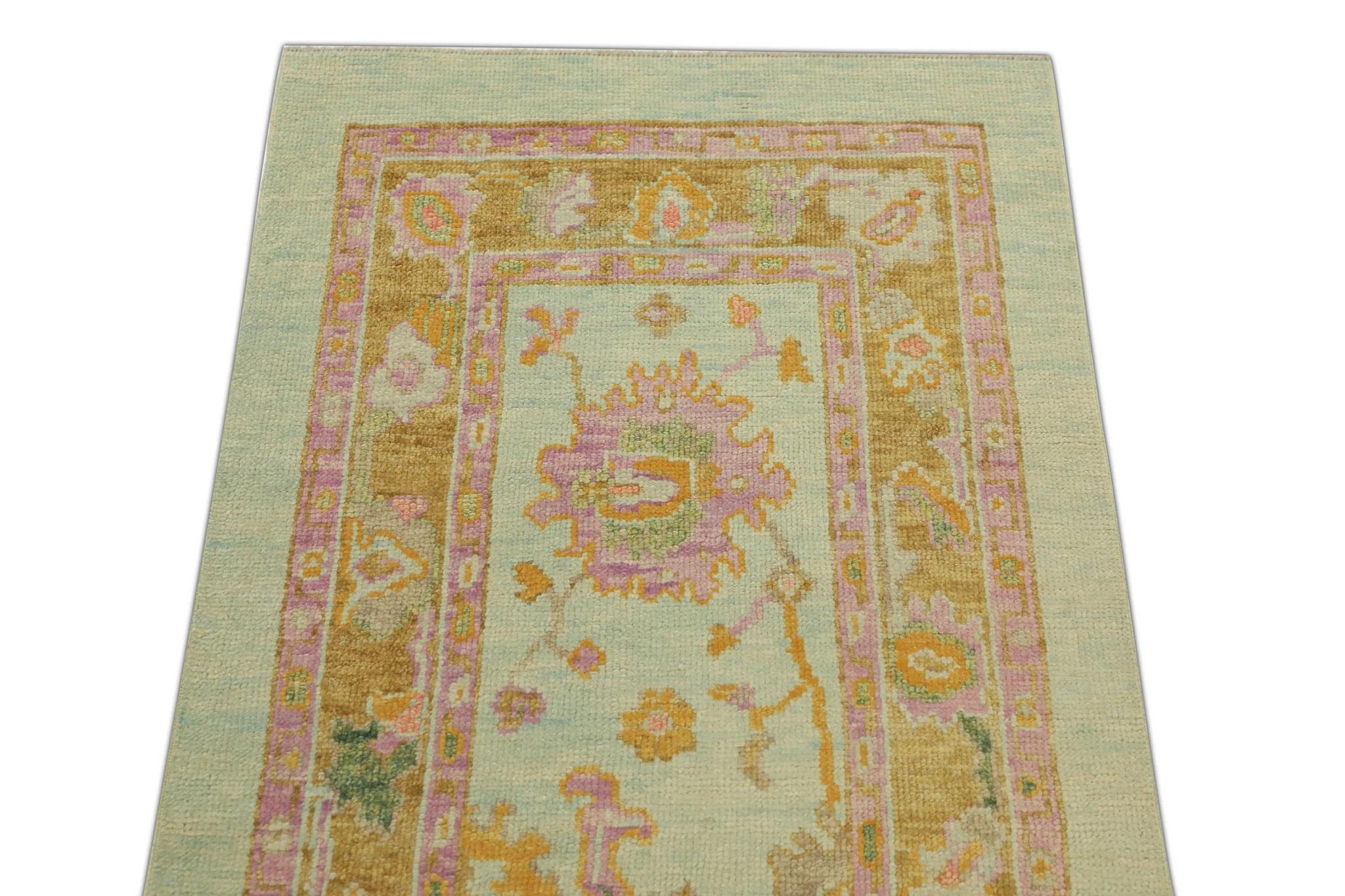 Türkischer Oushak Teppich Aqua und Goldgelb Handgewebter Wollteppich 3'11