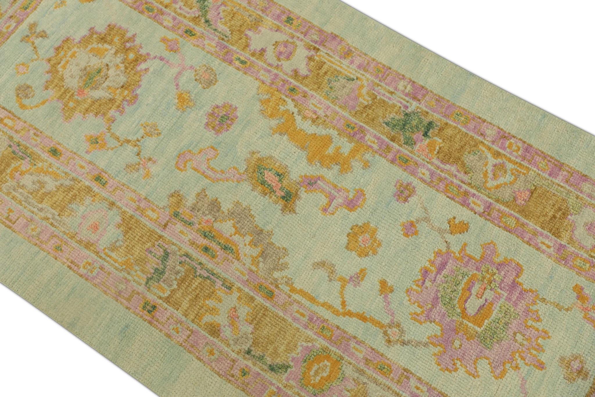 Türkischer Oushak Teppich Aqua und Goldgelb Handgewebter Wollteppich 3'11