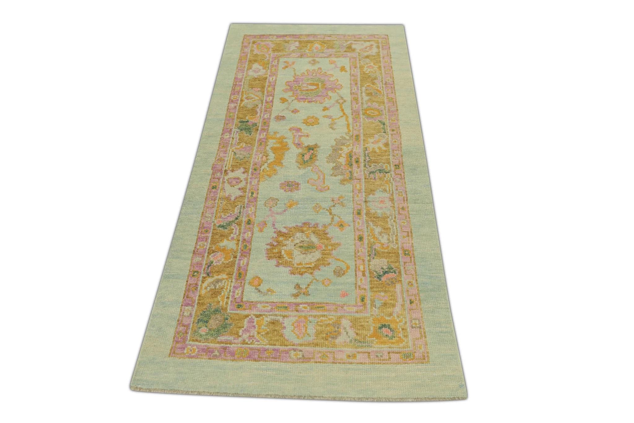 Türkischer Oushak Teppich Aqua und Goldgelb Handgewebter Wollteppich 3'11