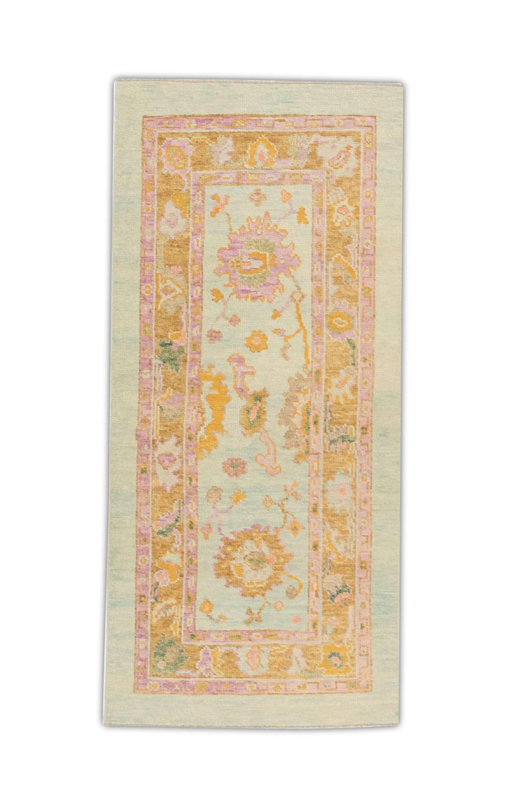 Türkischer Oushak Teppich Aqua und Goldgelb Handgewebter Wollteppich 3'11