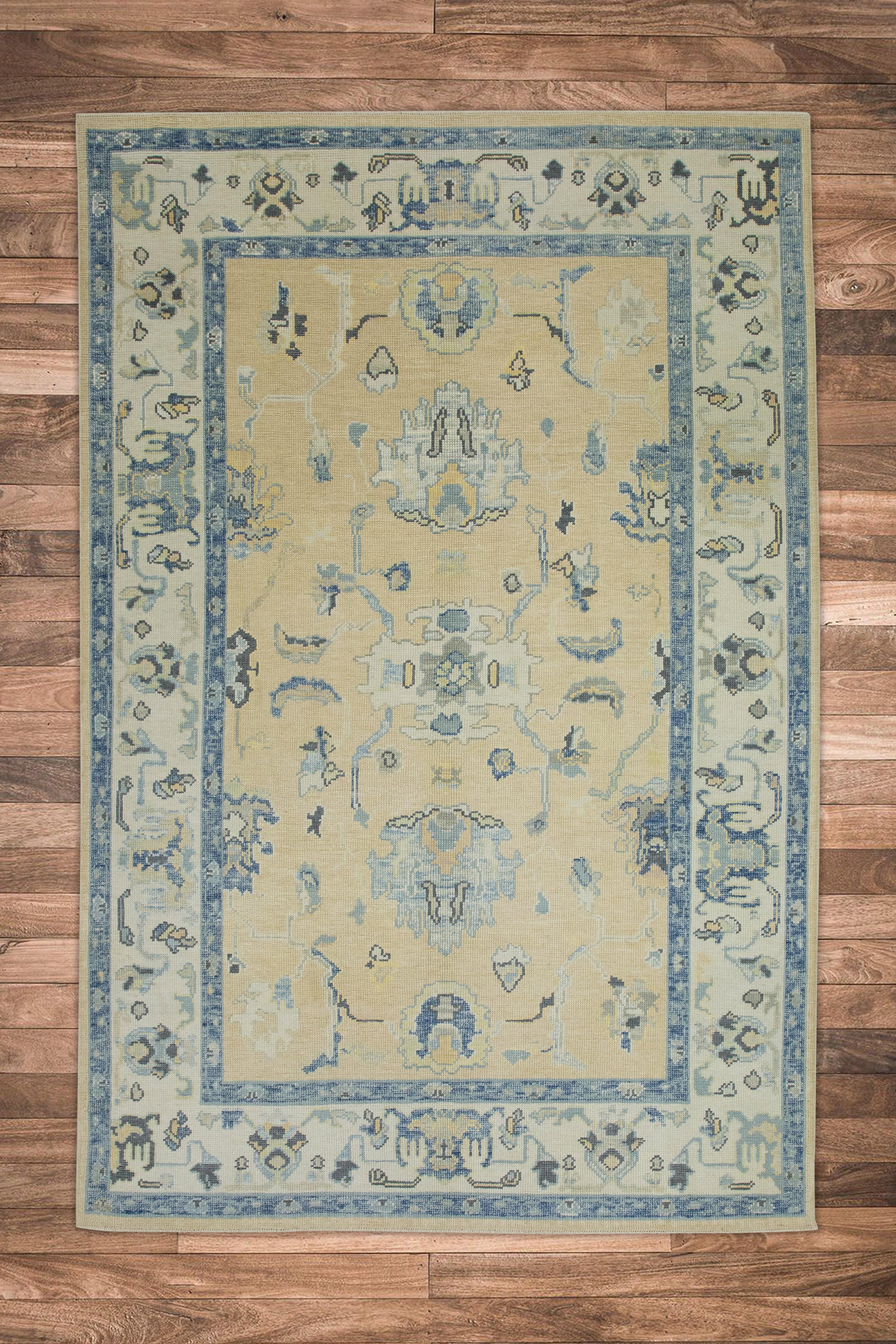 Tapis turc Oushak Beige Bleu Tapis de laine tissé à la main 5'10