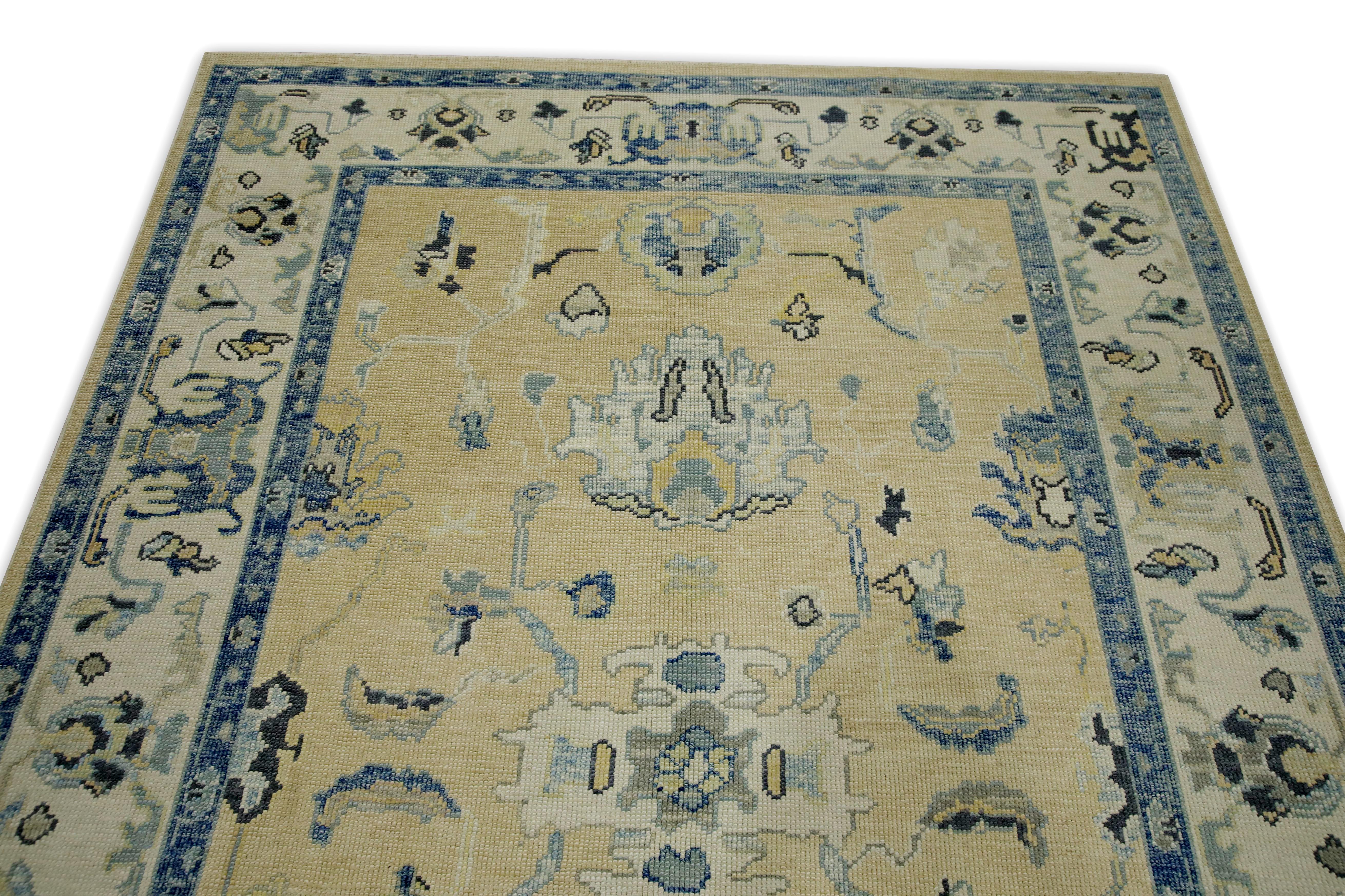 XXIe siècle et contemporain Tapis turc Oushak Beige Bleu Tapis de laine tissé à la main 5'10