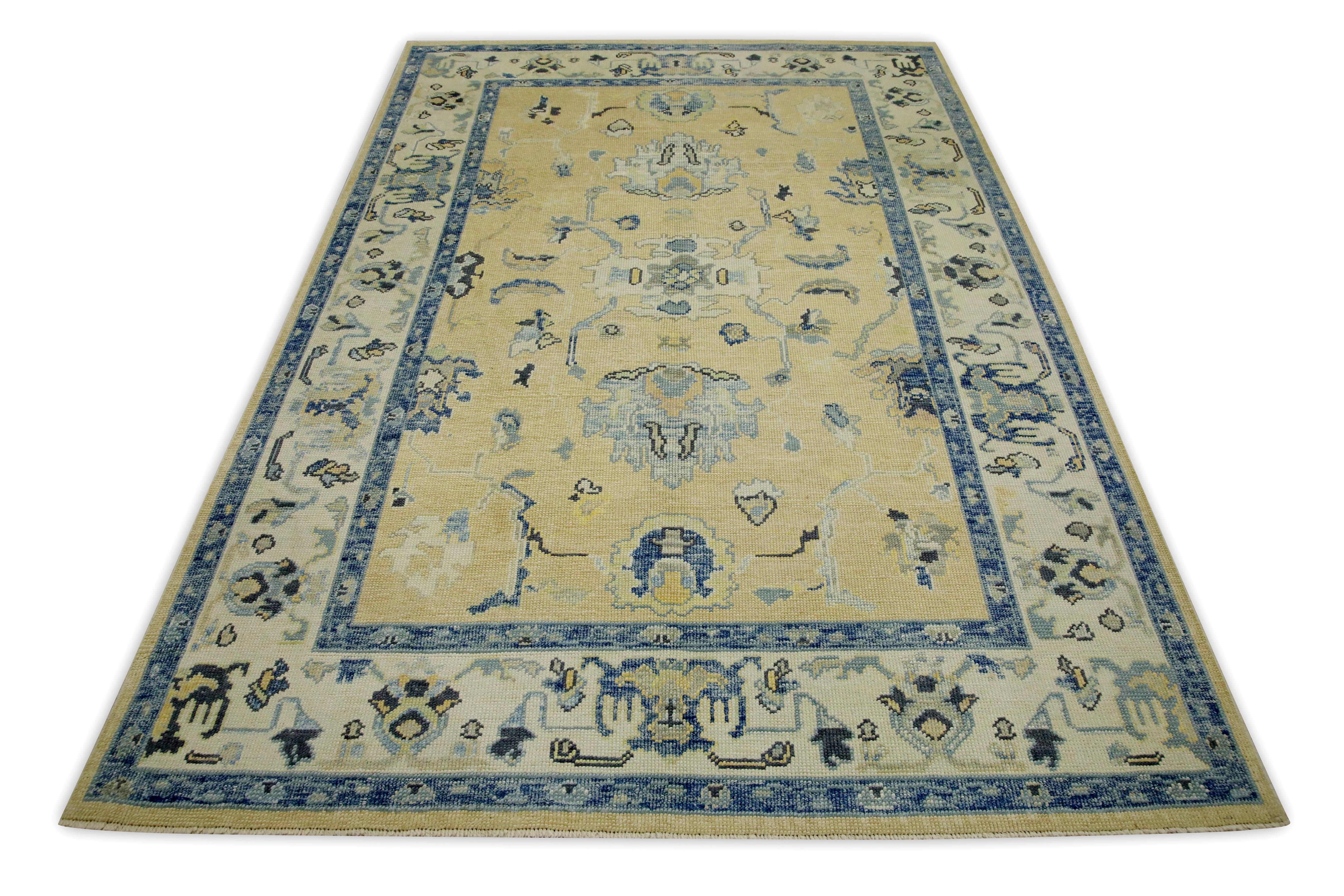 Tapis turc Oushak Beige Bleu Tapis de laine tissé à la main 5'10