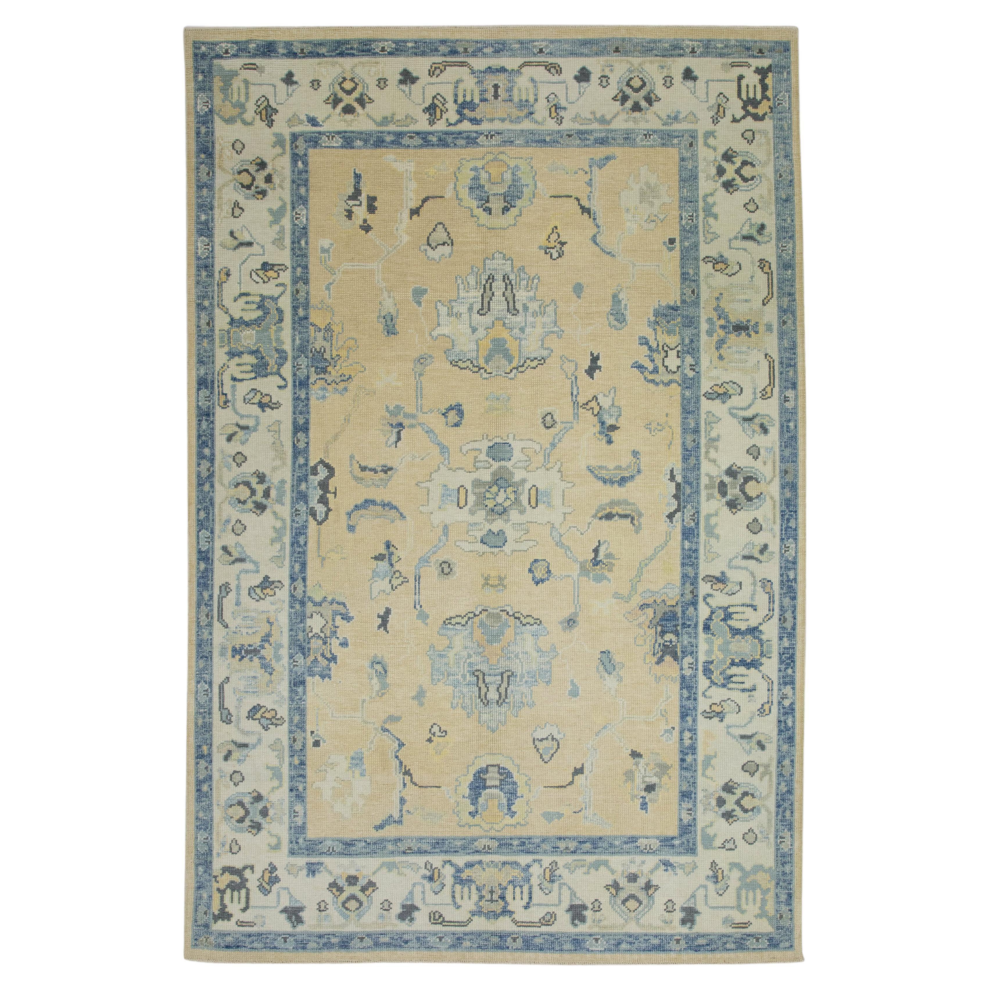 Tapis turc Oushak Beige Bleu Tapis de laine tissé à la main 5'10" x 8'6" en vente