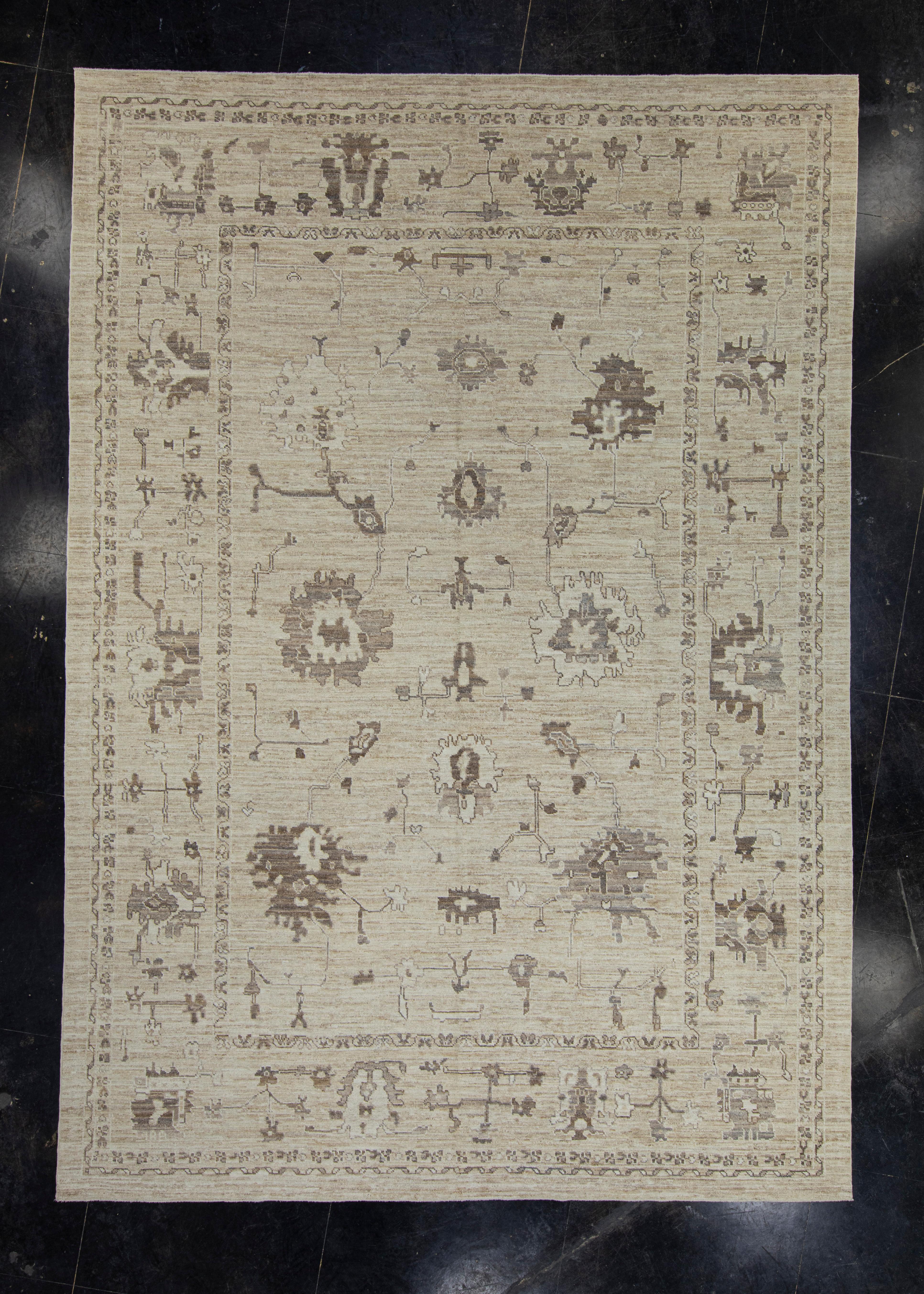 Tappeto Oushak turco Beige Marrone Tessuto a mano in lana 10' x 14'2