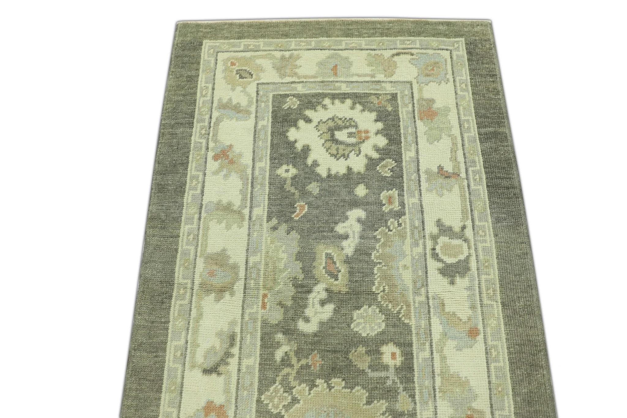 Türkischer Oushak-Teppich Beige & Braun Handgewebter Wollteppich 3' x 4'9