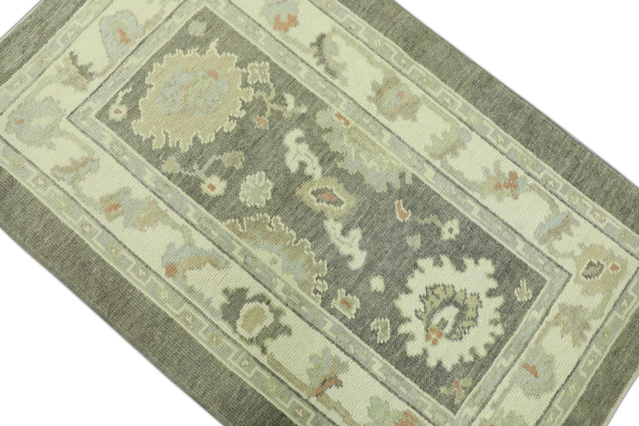 Türkischer Oushak-Teppich Beige & Braun Handgewebter Wollteppich 3' x 4'9