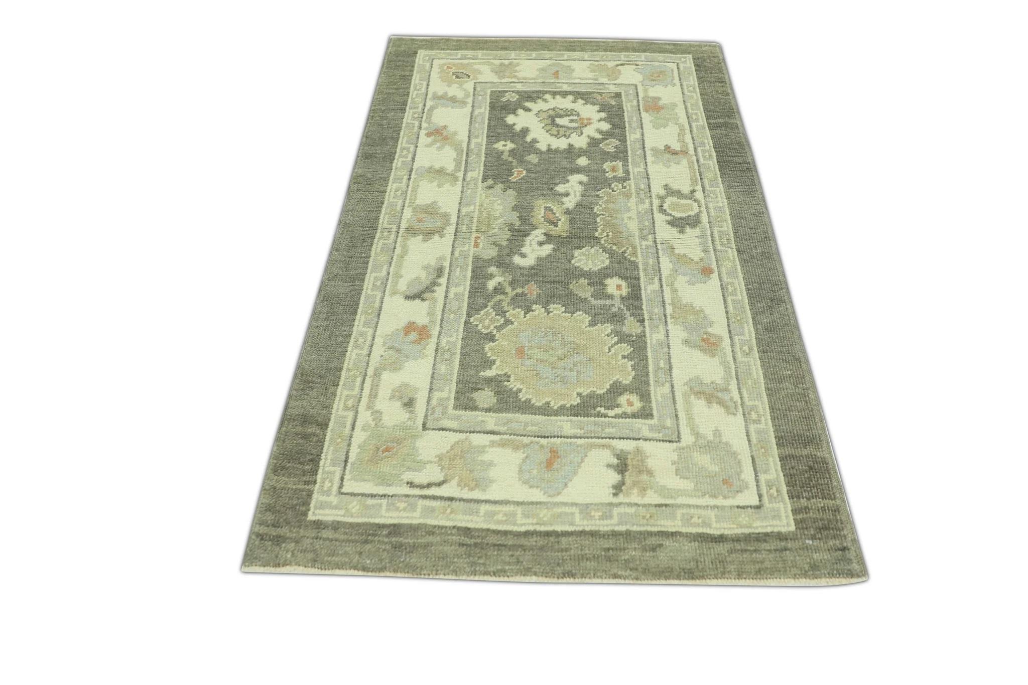 Türkischer Oushak-Teppich Beige & Braun Handgewebter Wollteppich 3' x 4'9