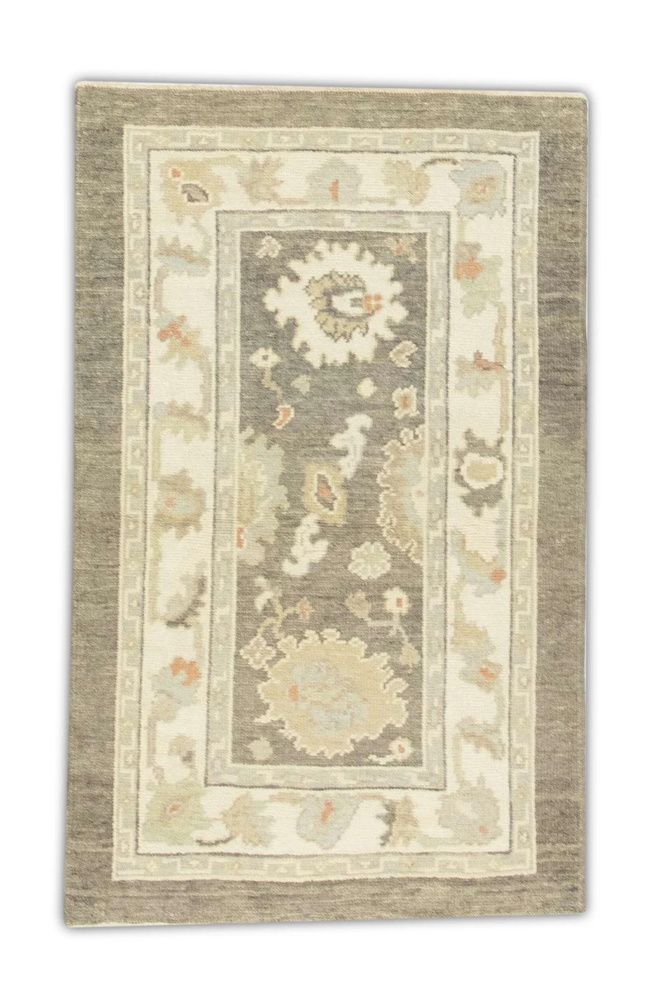 Türkischer Oushak-Teppich Beige & Braun Handgewebter Wollteppich 3' x 4'9