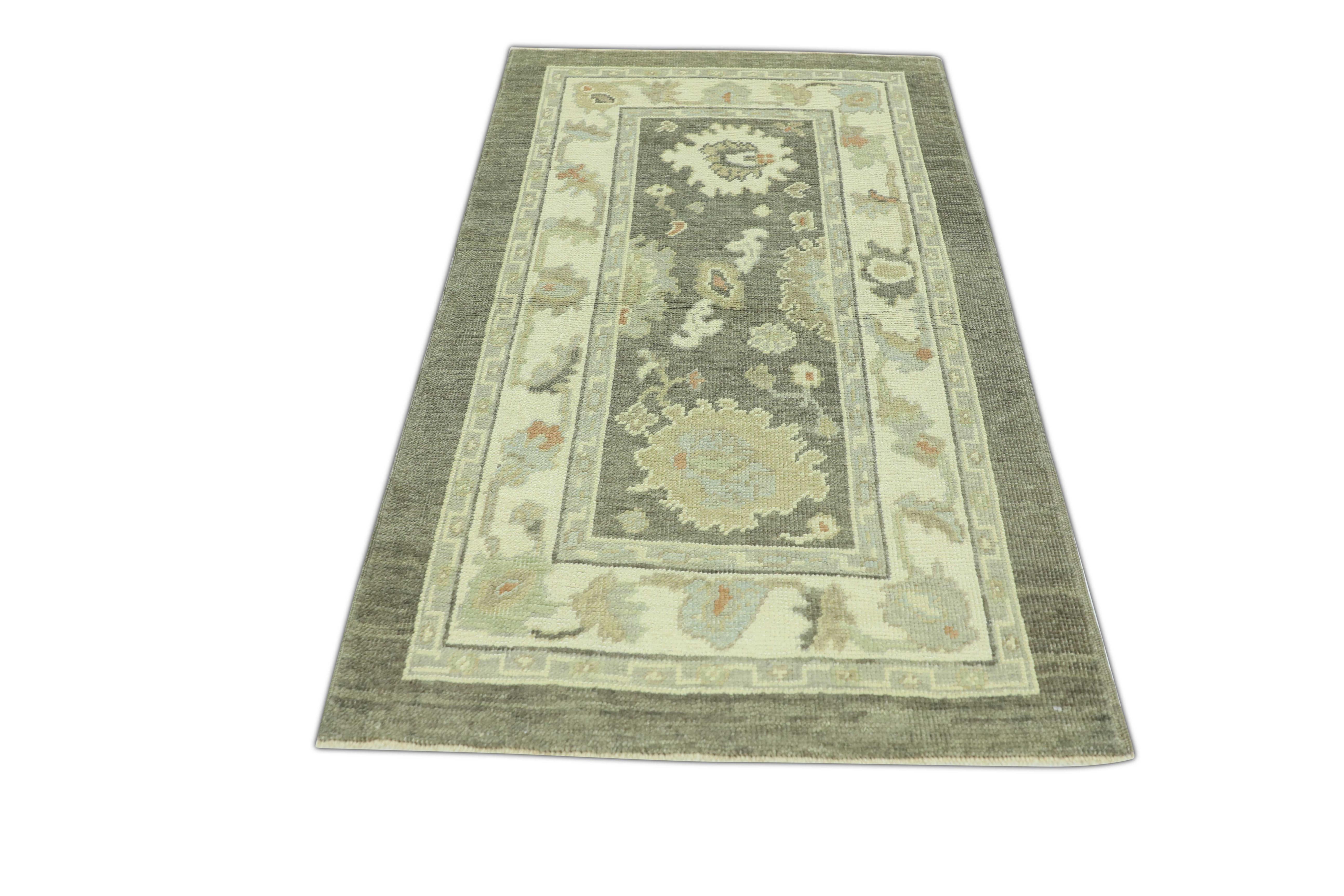 Türkischer Oushak-Teppich Beige & Braun Handgewebter Wollteppich 3' x 4'9