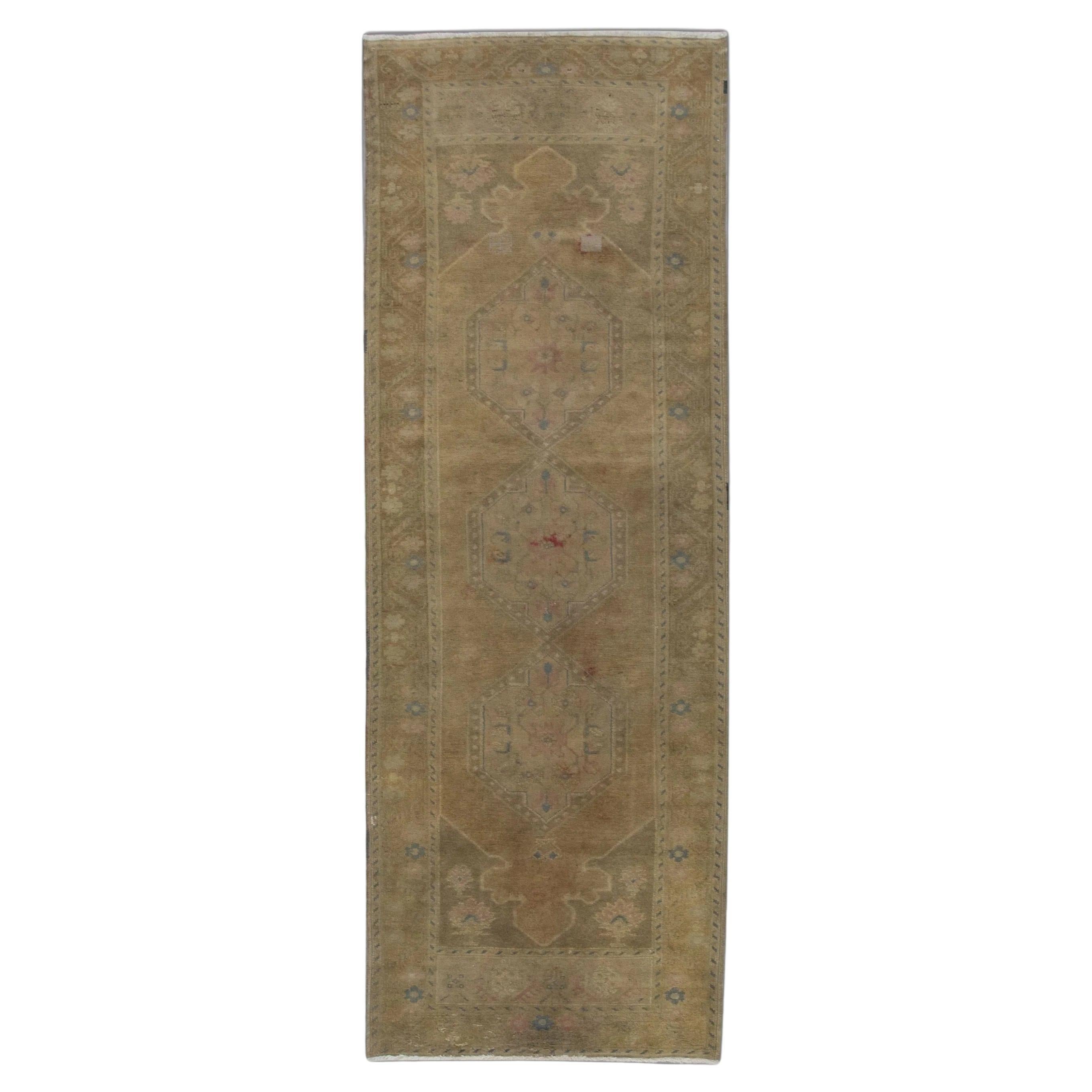 Türkischer Oushak Teppich Beige Braun Handgewebter Wollteppich 3'4" x 9'6"