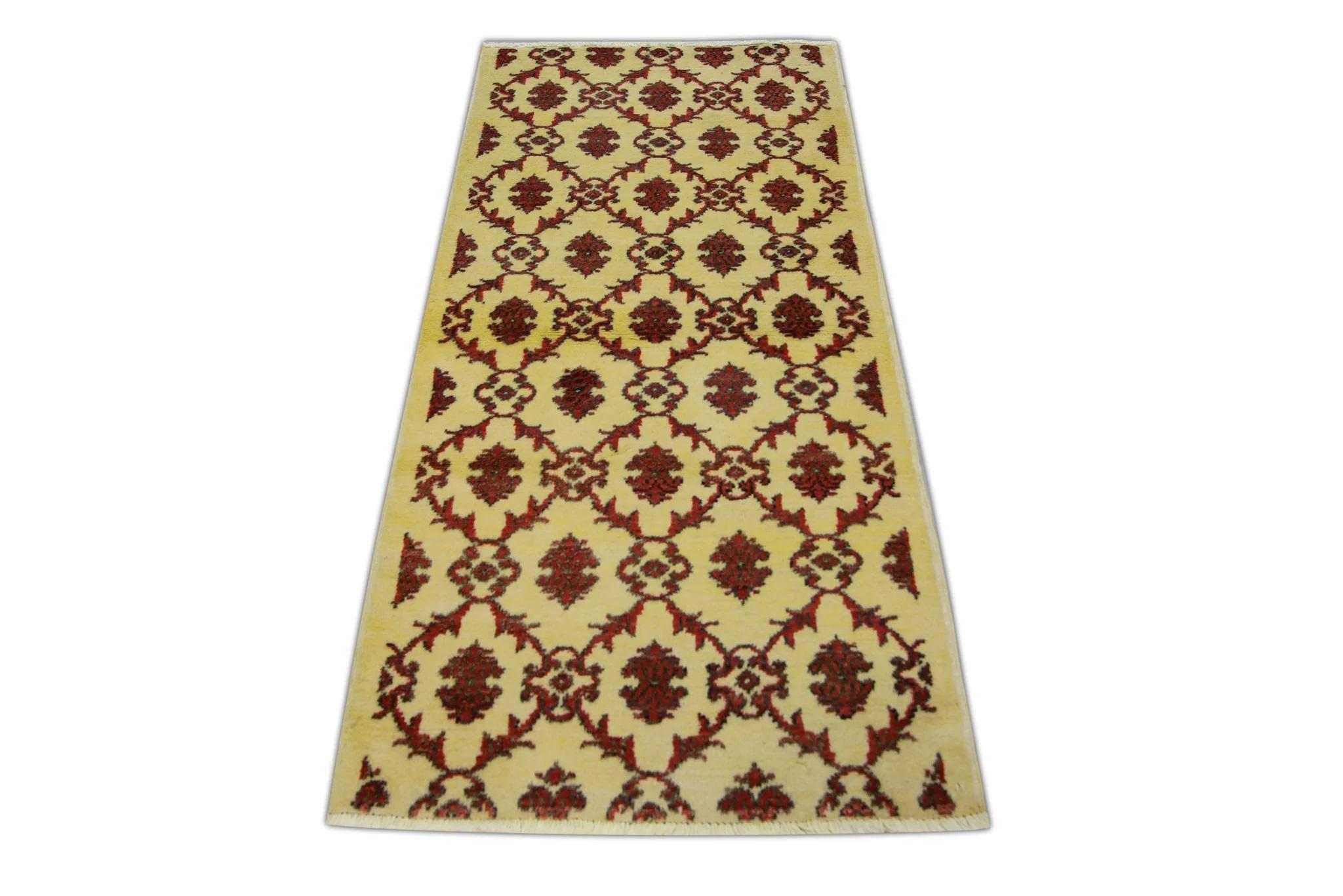 Tappeto Oushak turco Beige Rosso Nero Tessuto a mano in lana 2'8