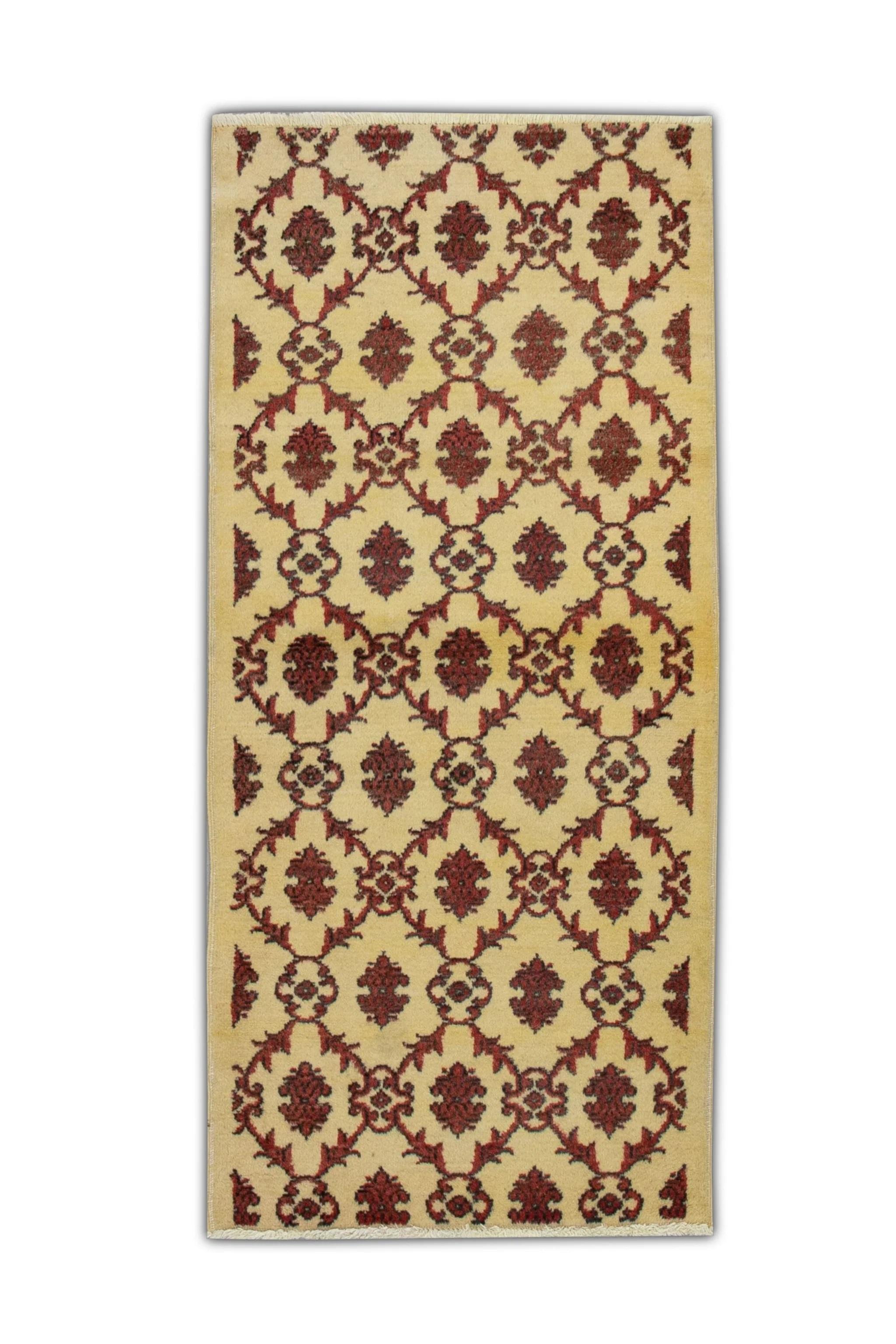 Tappeto Oushak turco Beige Rosso Nero Tessuto a mano in lana 2'8