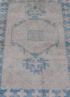 Turkish Oushak Rug Blue and Beige Geometric Pattern 2'6 x 3'7