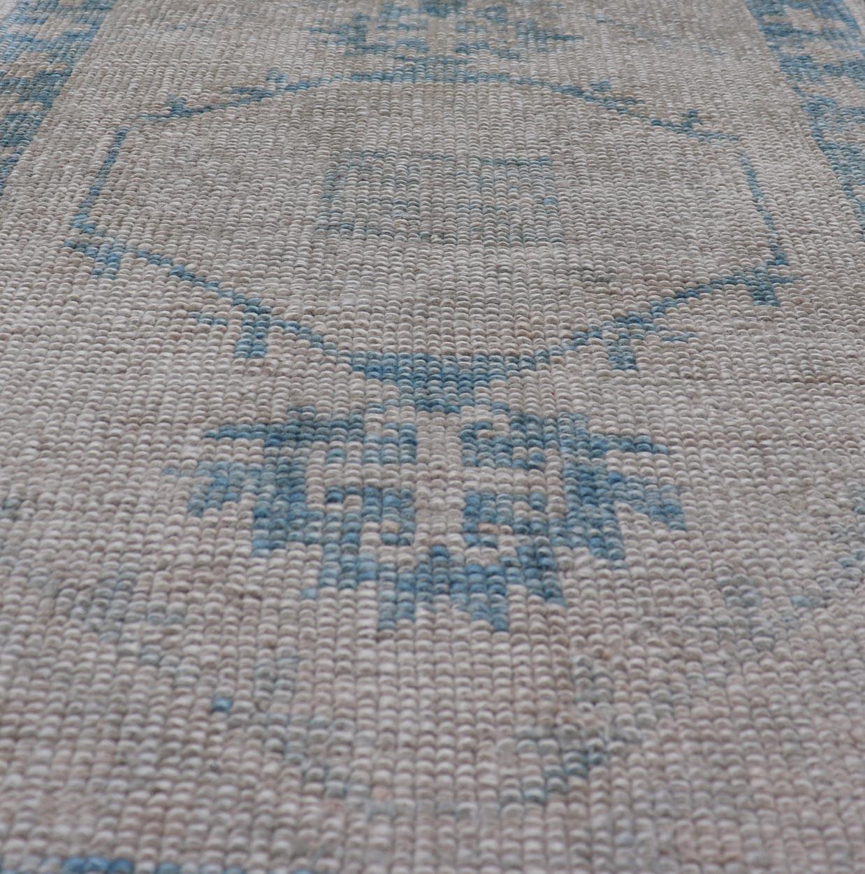 Hand-Knotted Turkish Oushak Rug Blue and Beige Geometric Pattern 2'6 x 3'7 For Sale